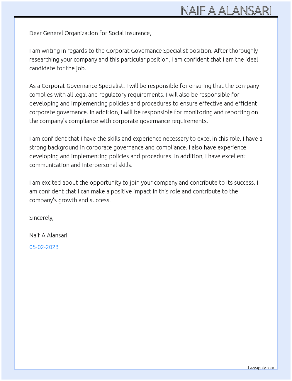 Corporat Governance Specialist position At General Organization for social insurance  Cover Letter