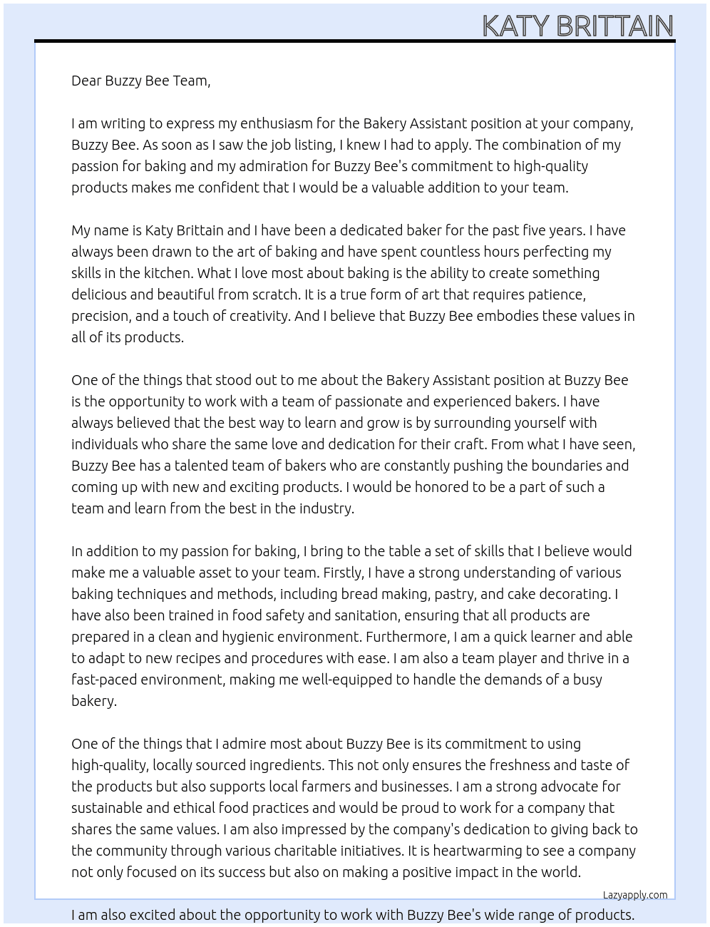 Bakery assistant  At Buzzy Bee Cover Letter