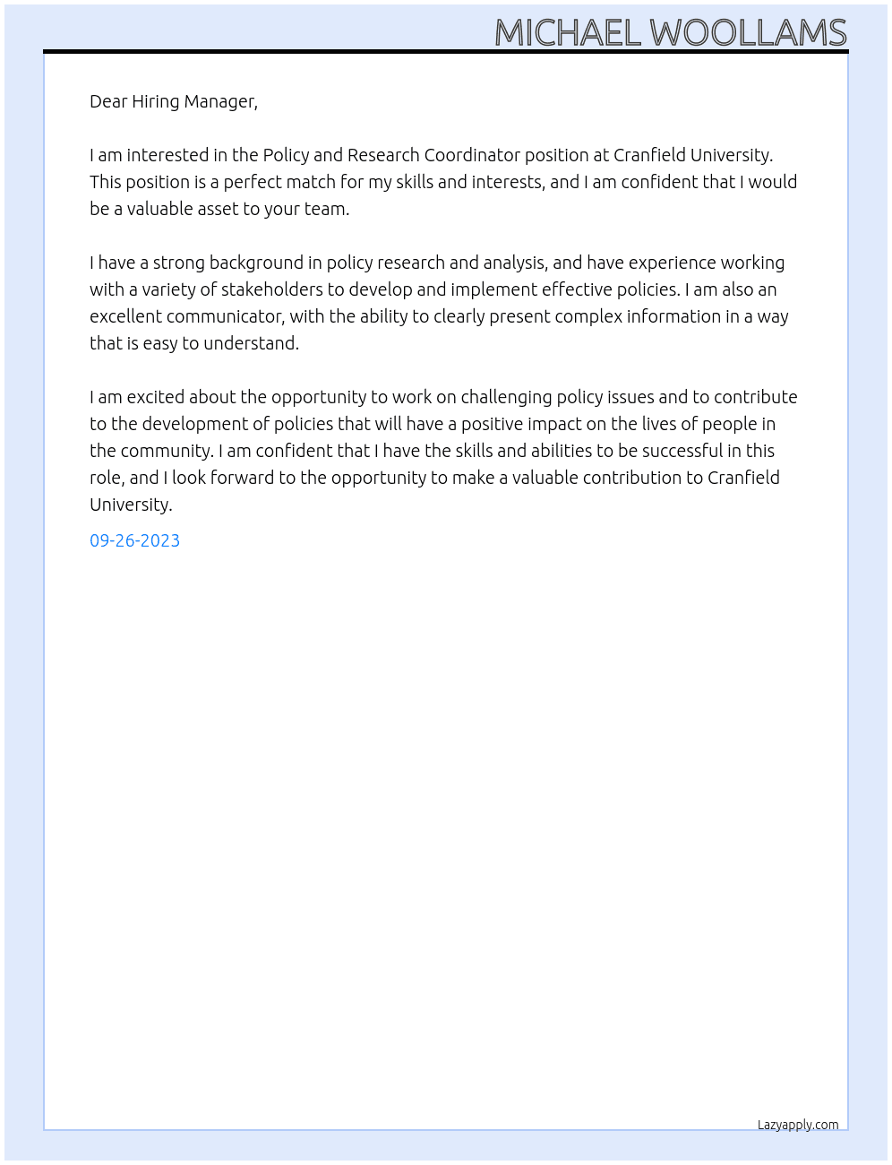Policy and Research Coordinator At Cranfield University Cover Letter