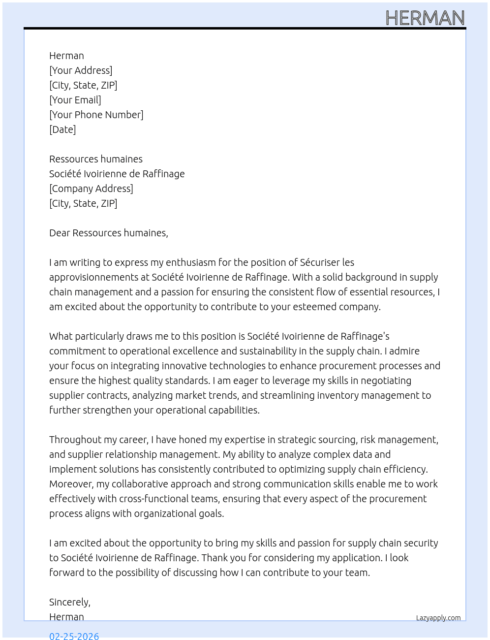 Sécuriser les approvisionnements  At Société Ivoirienne de Raffinage  Cover Letter