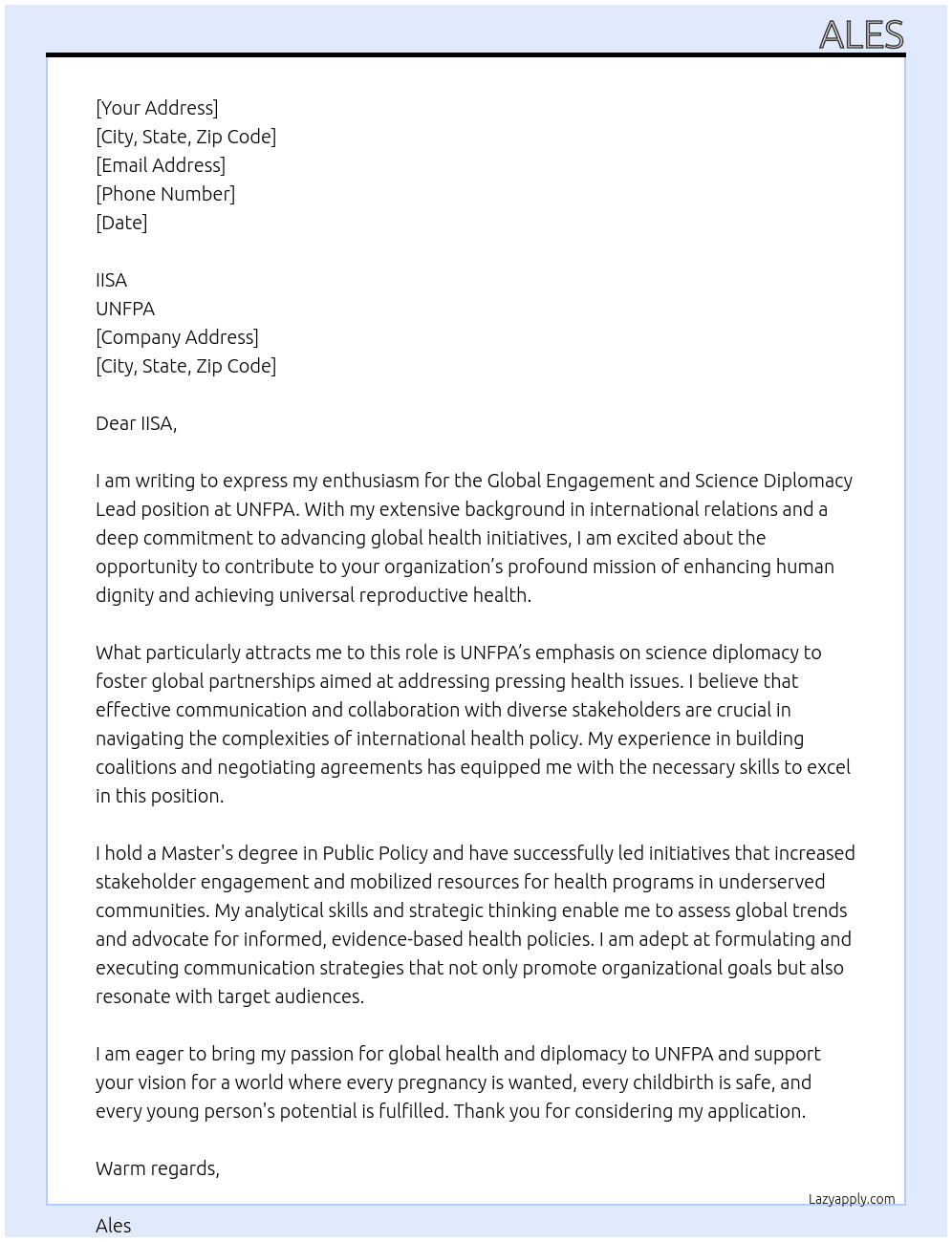 Global Engagement and Science Diplomacy Lead At UNFPA Cover Letter