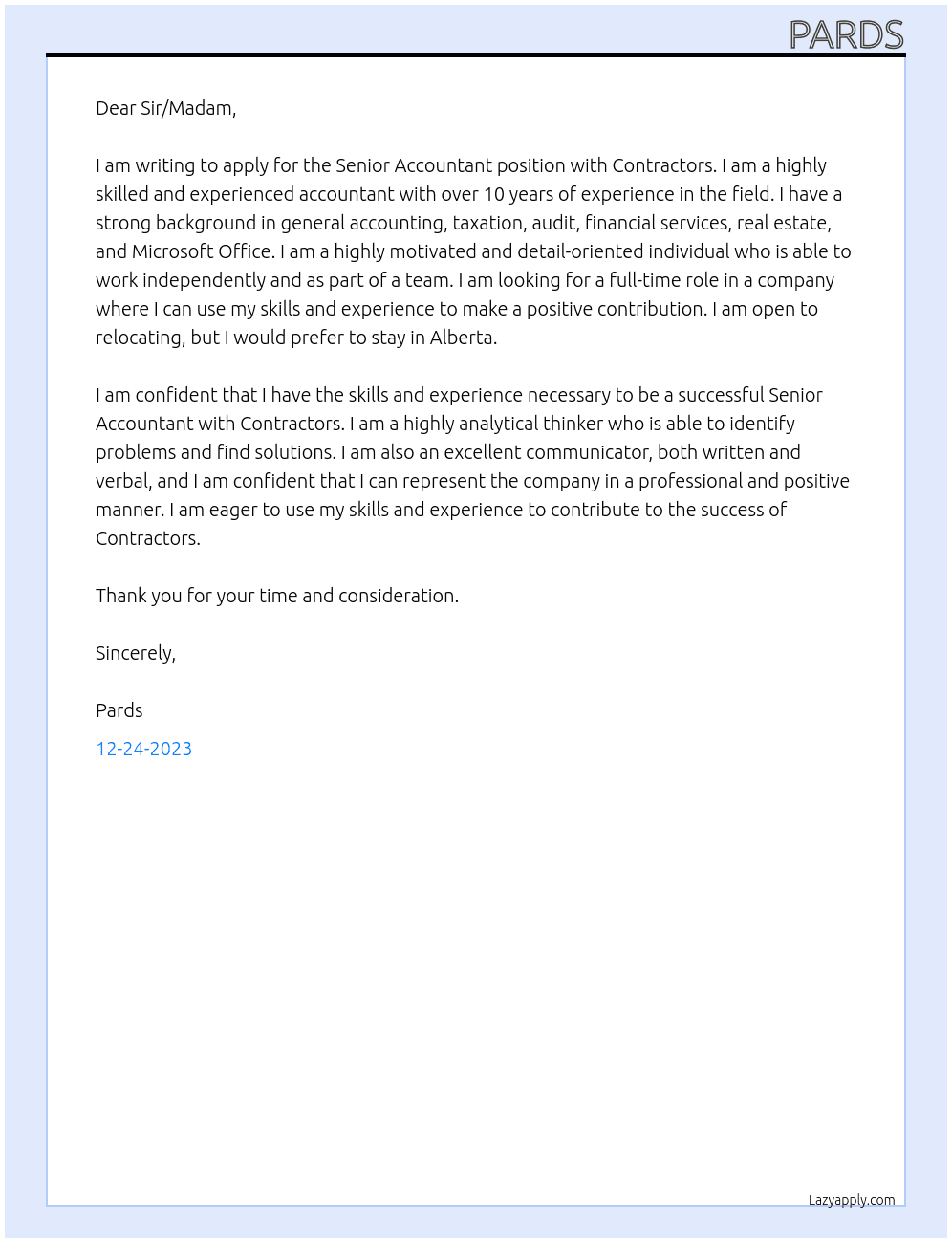 Senior Accountant At Contractors Cover Letter