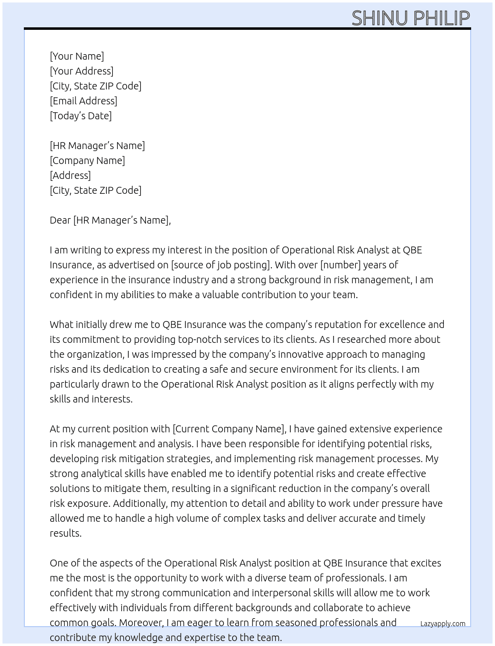 Operational Risk Analyst At QBE Insurance Cover Letter