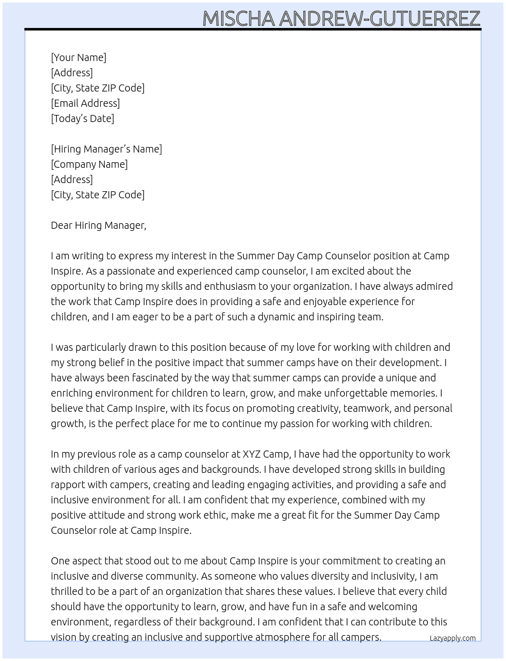 Summer Day Camp Counselor  At Camp Inspire  Cover Letter