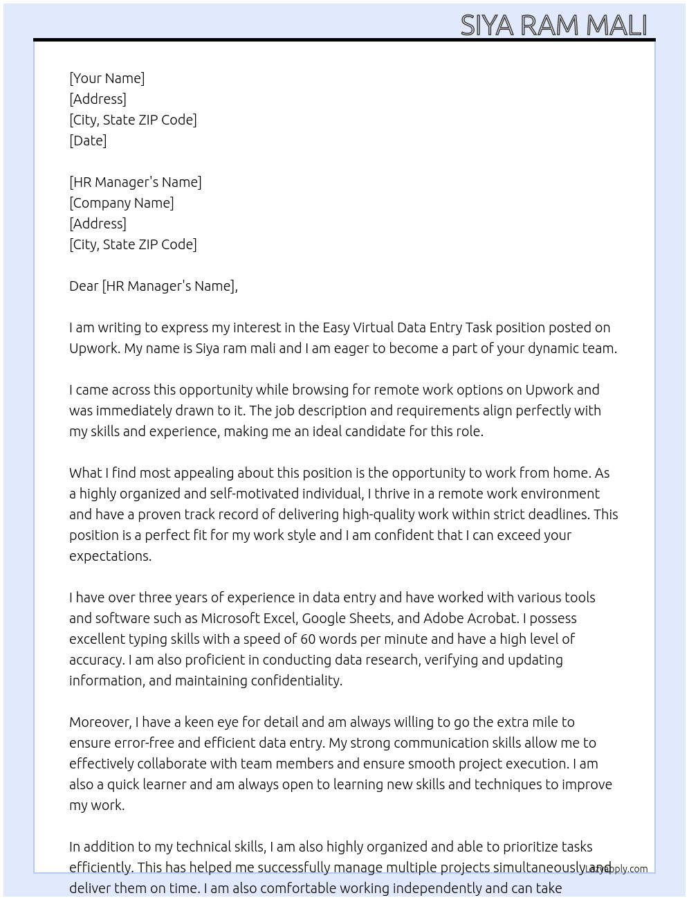 Cover letter for easy virtual data entry task - LazyApply