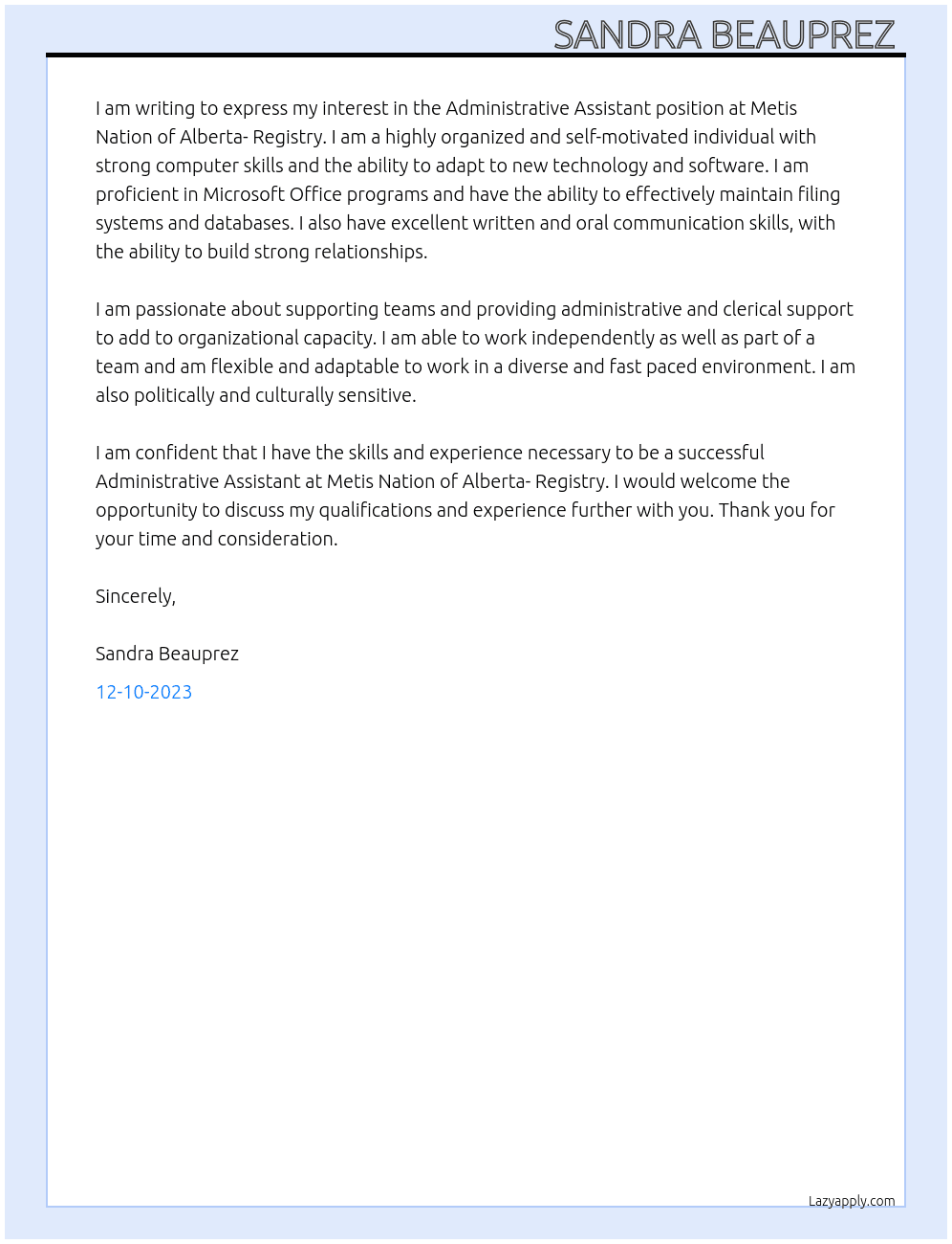 Administrative Assistant  At Metis Nation of Alberta- Registry  Cover Letter