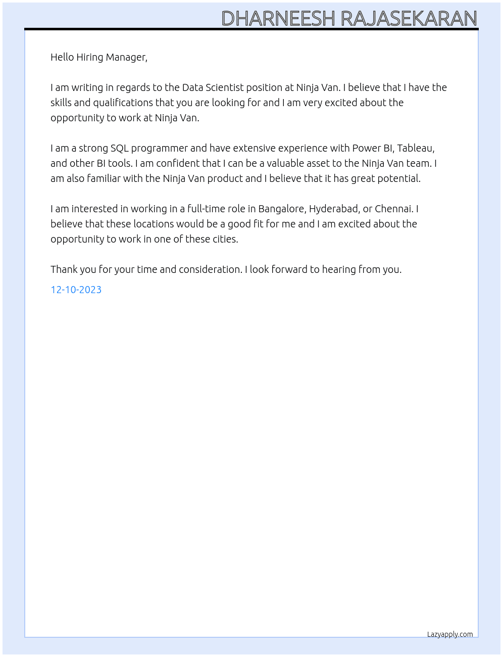 Data Scientist At Ninja Van Cover Letter