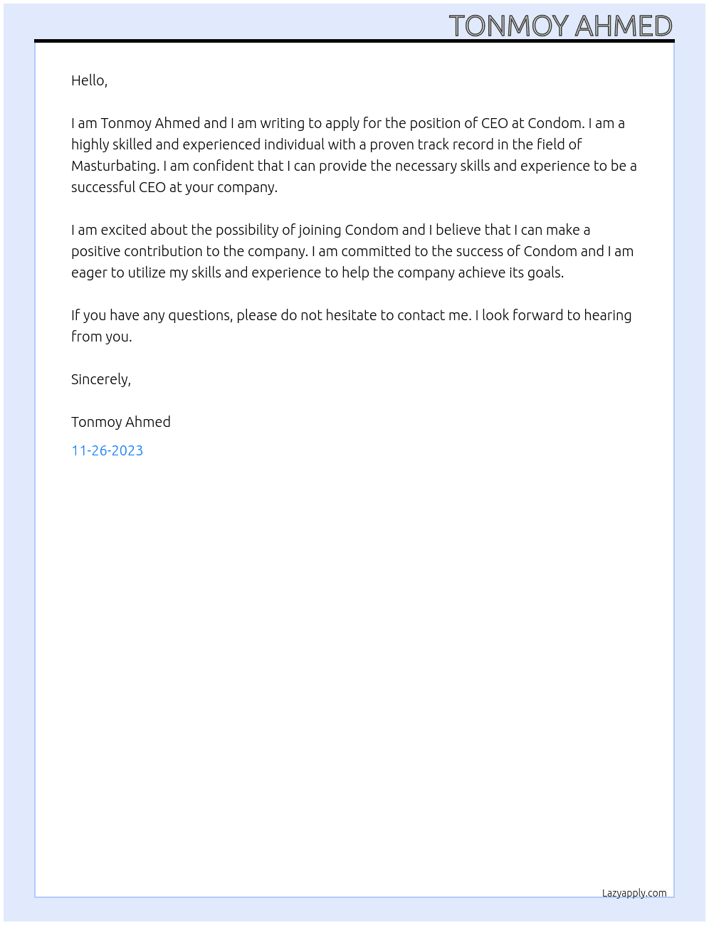 CEO At Condom  Cover Letter