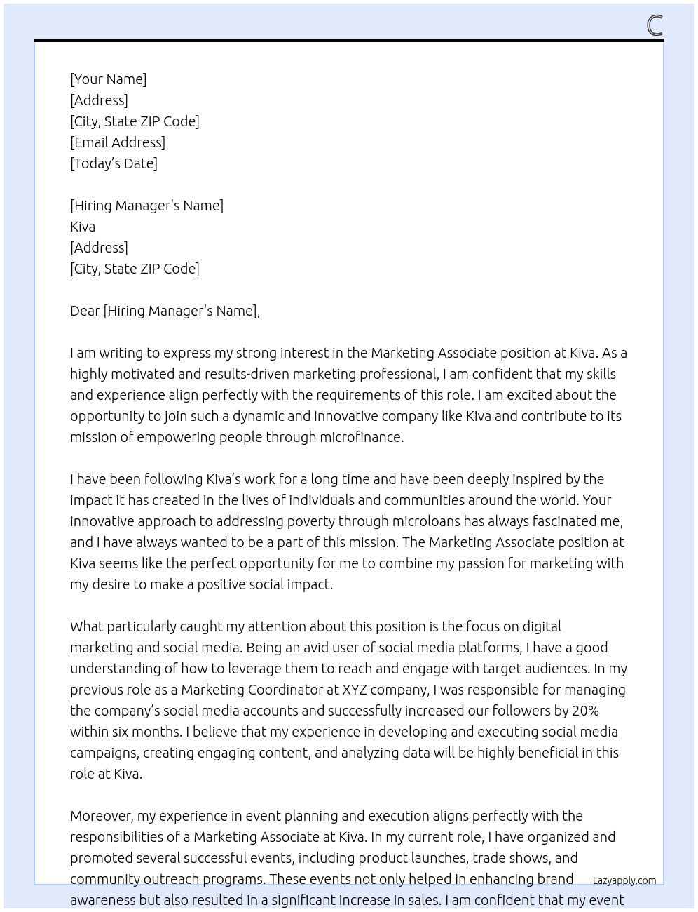 Marketing Associate At Kiva Cover Letter