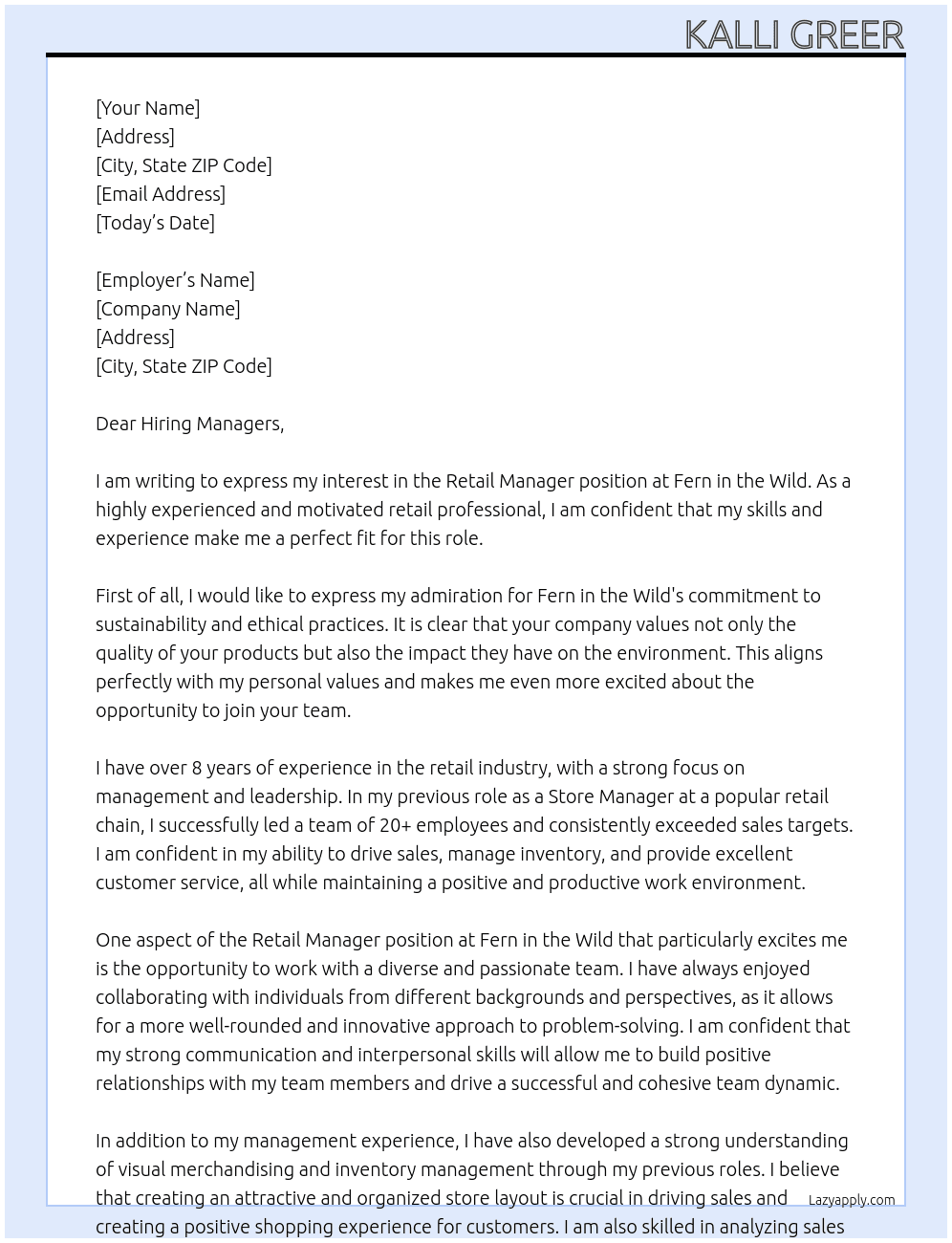 Retail Manager At Fern in the Wild  Cover Letter