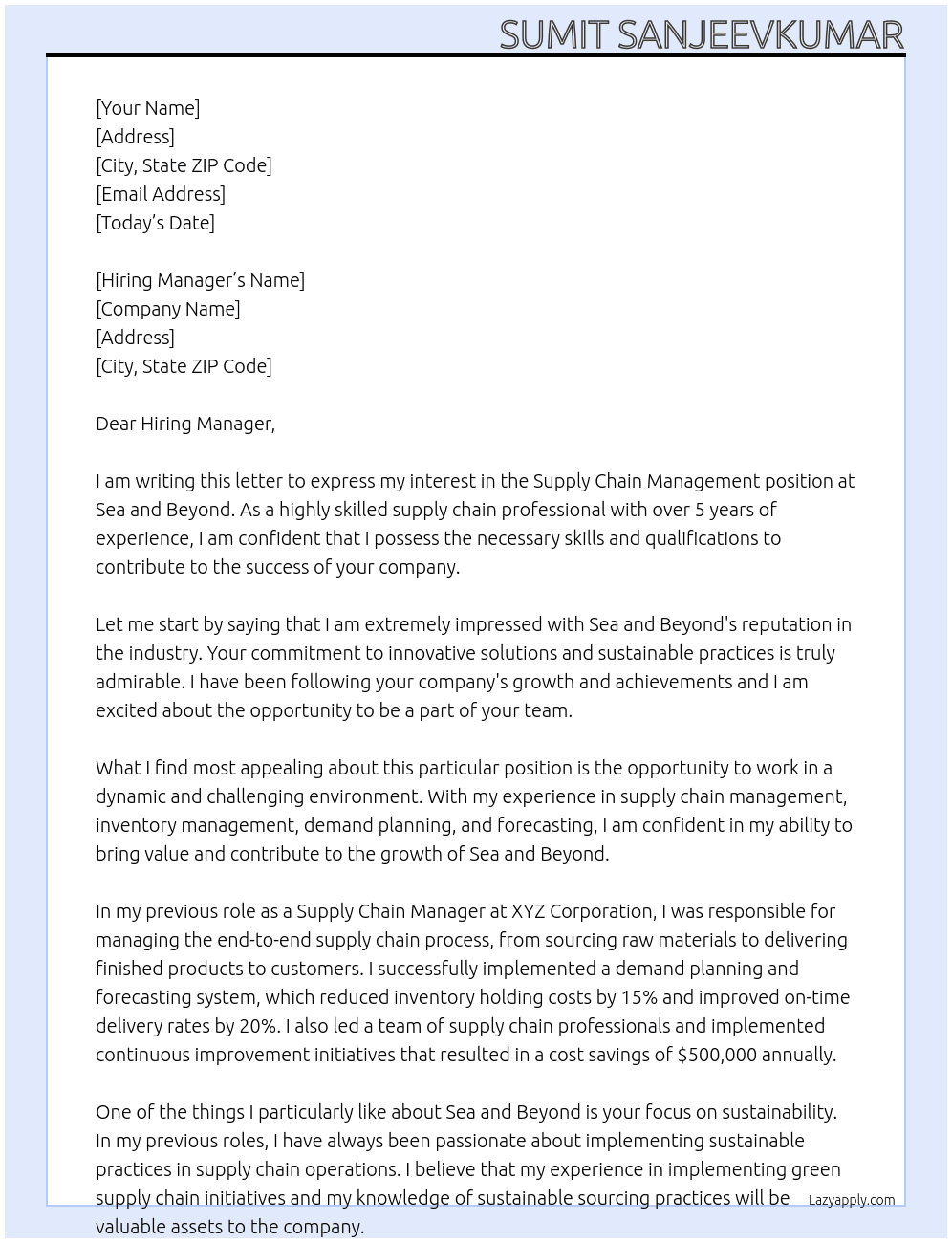 Supply Chain Management At Sea and Beyond Cover Letter