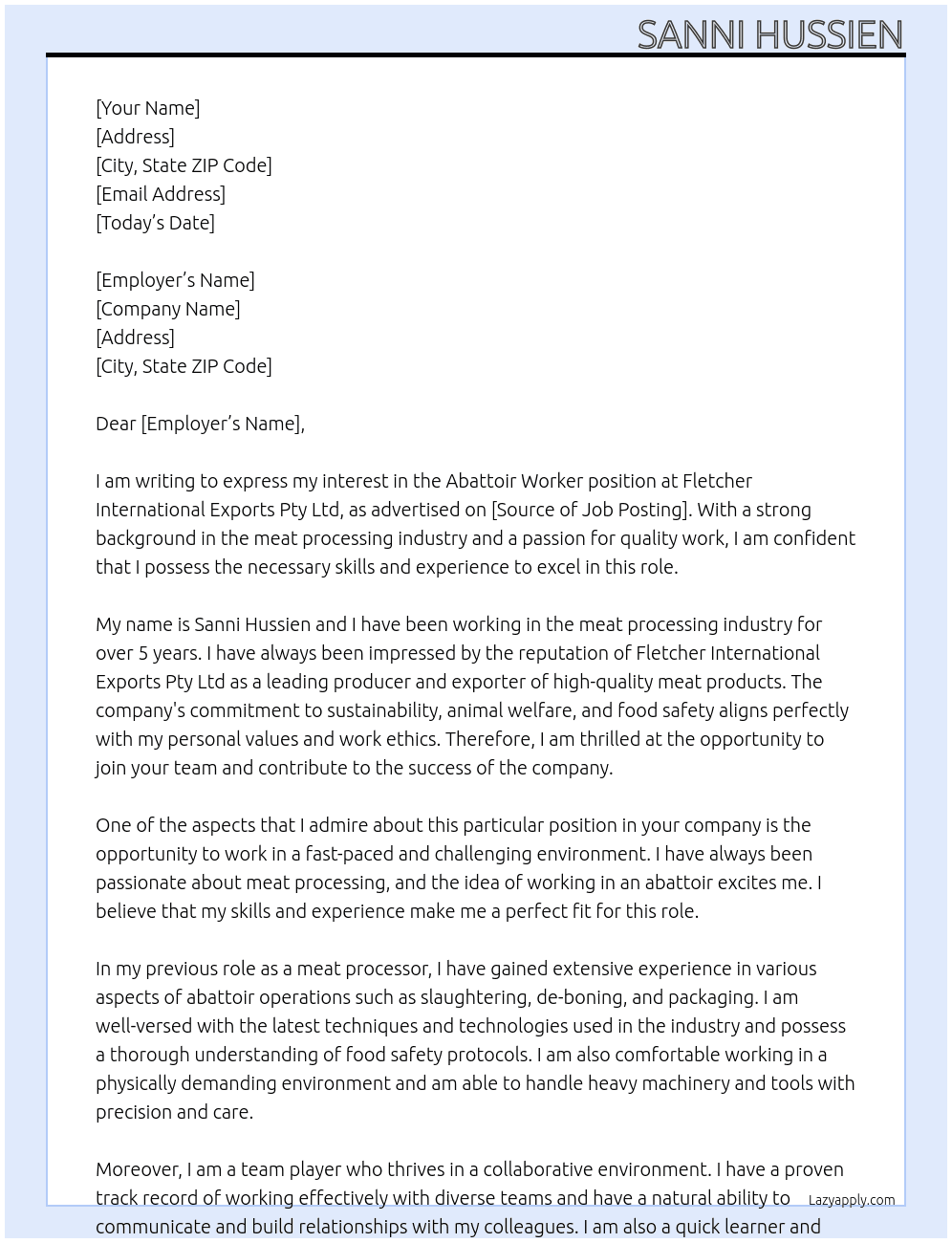 Abattoir worker At Fletcher international exports pty ltd Cover Letter