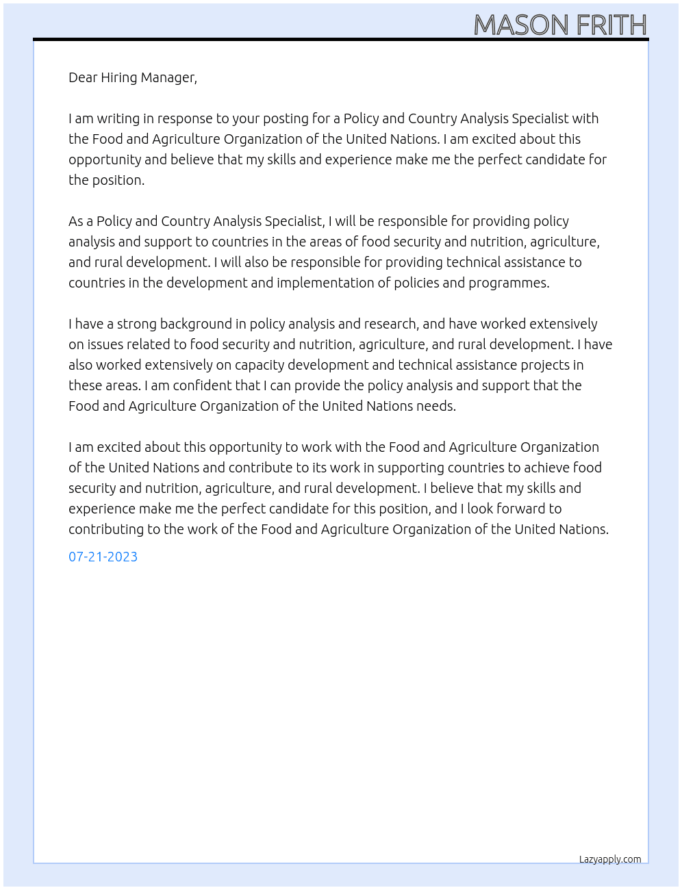 Policy and Country Analysis Specialist  At Food and Agriculture Organization of the United Nations  Cover Letter