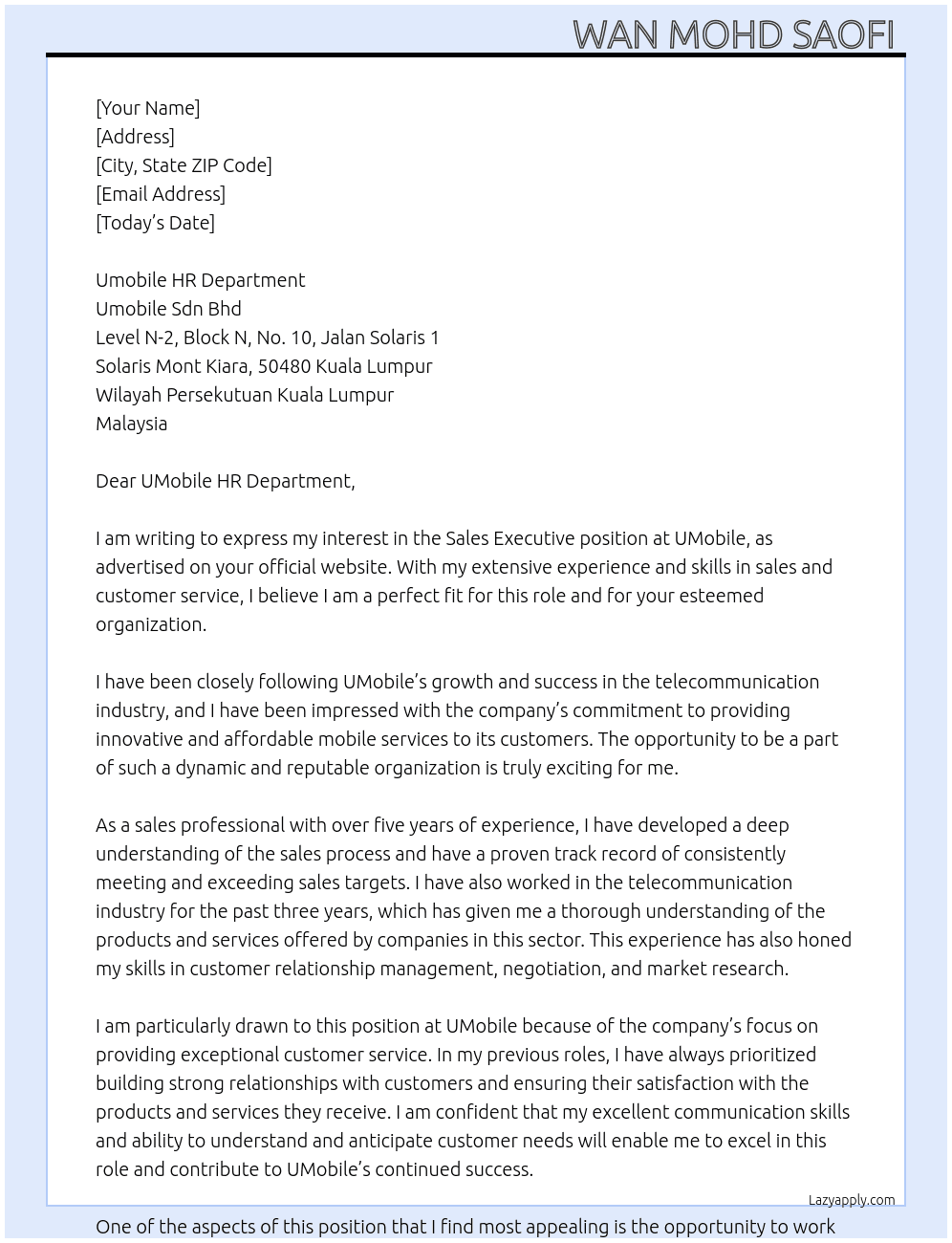 Sales Executive At UMobile Cover Letter