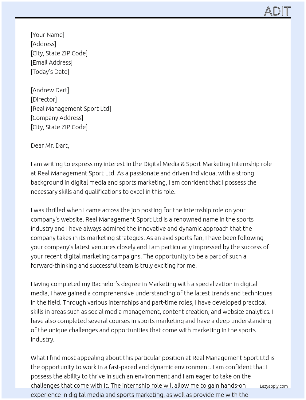 Digital Media &amp; Sport Marketing Intern At Real Management Sports Ltd Cover Letter