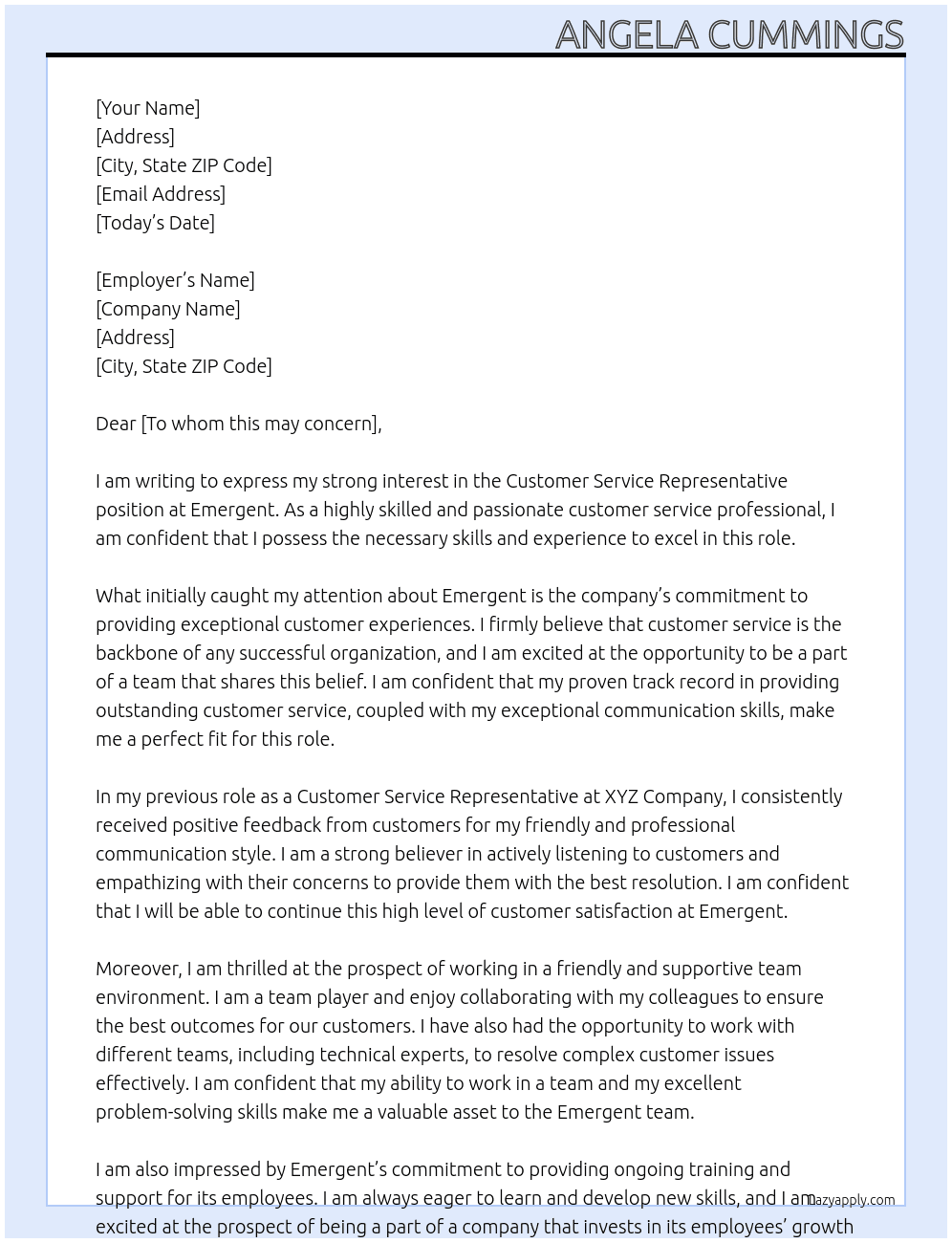 Customer Services Representative  At Emergent Cover Letter