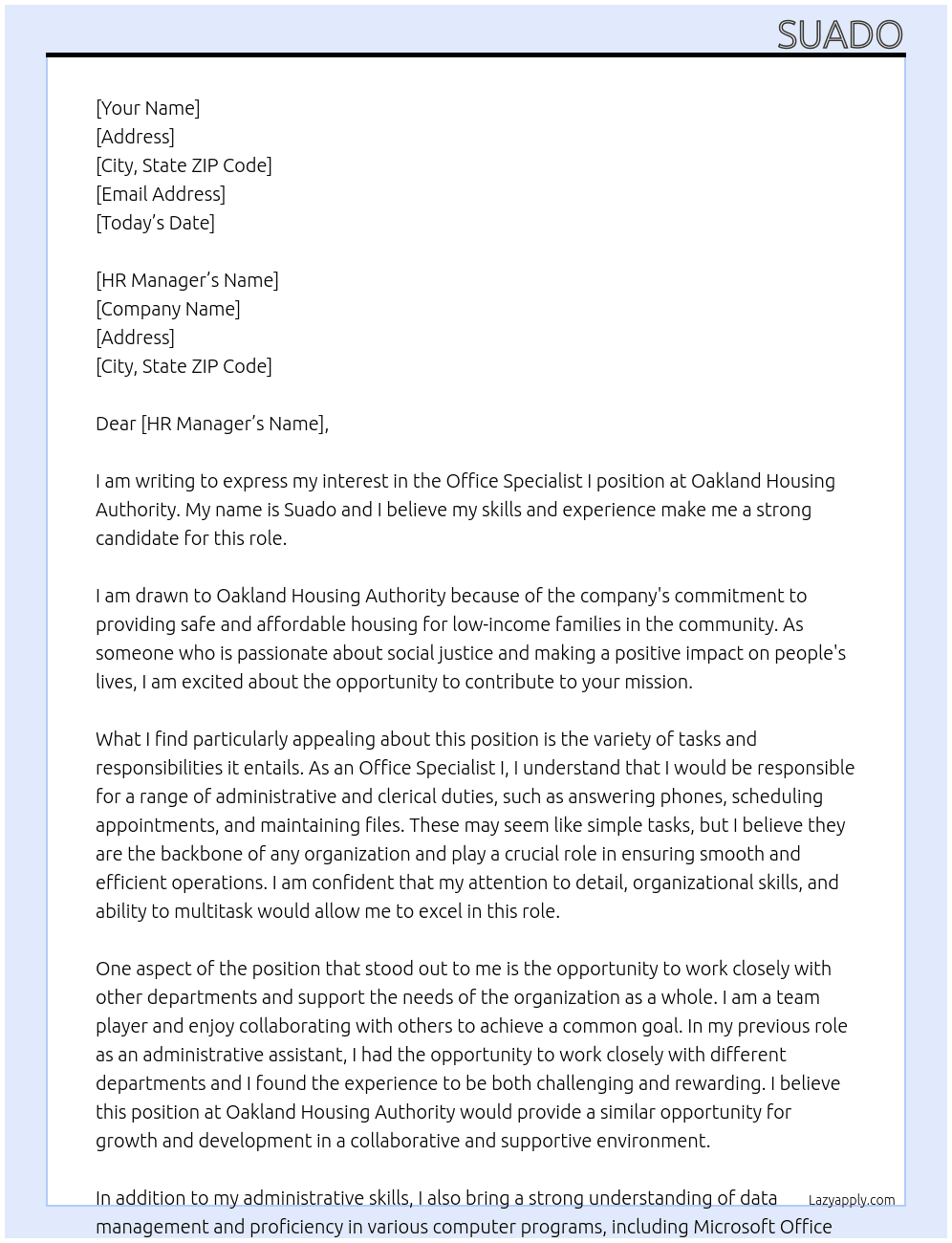 Office Specialist I At Oakland Housing Authority  Cover Letter