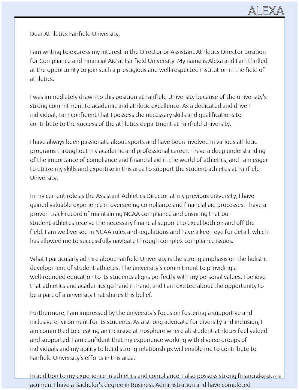 Director or Assistant Athletics Director/Compliance and Financial Aid At Fairfield Univerity  Cover Letter