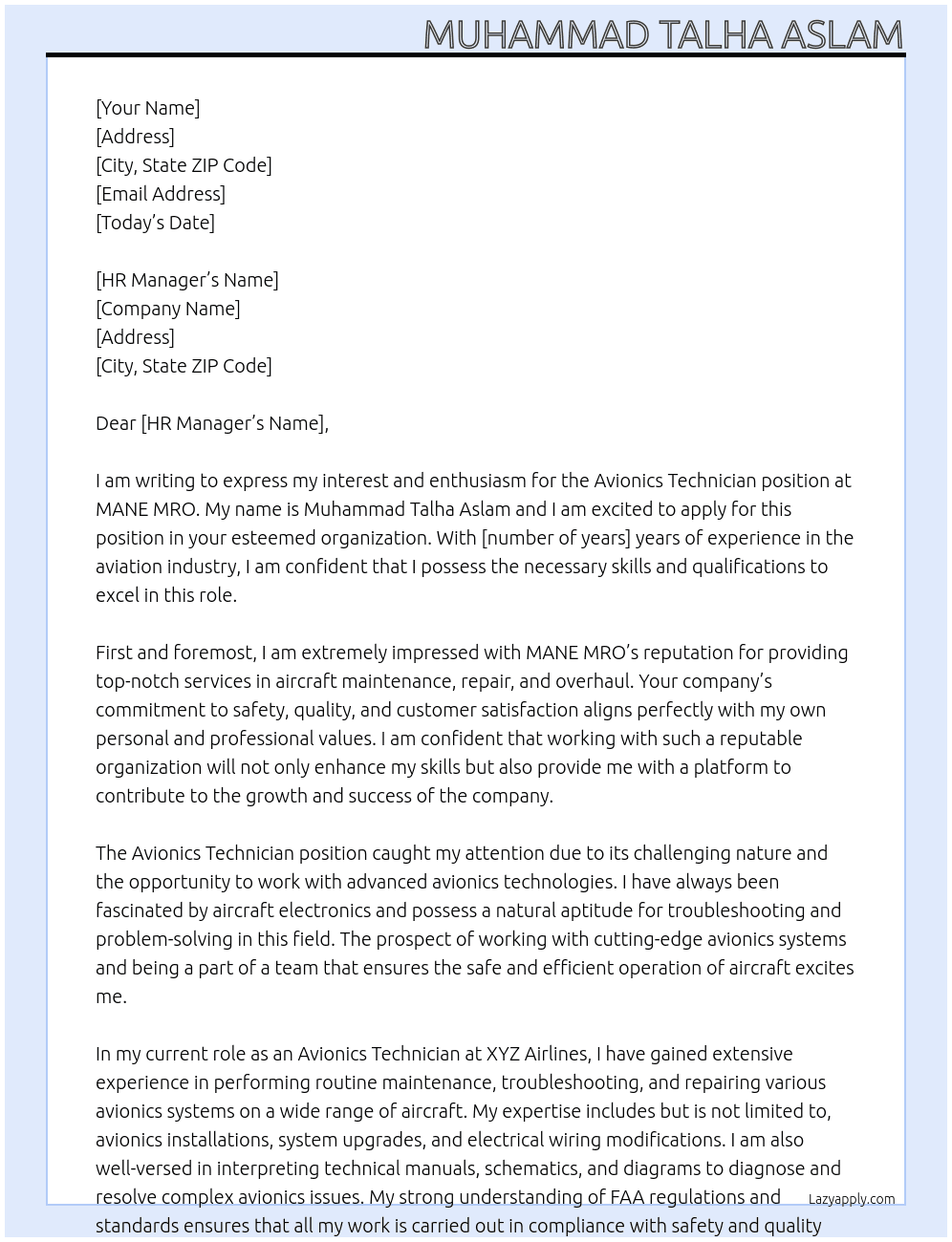 avionics Technician At MANE MRO Cover Letter