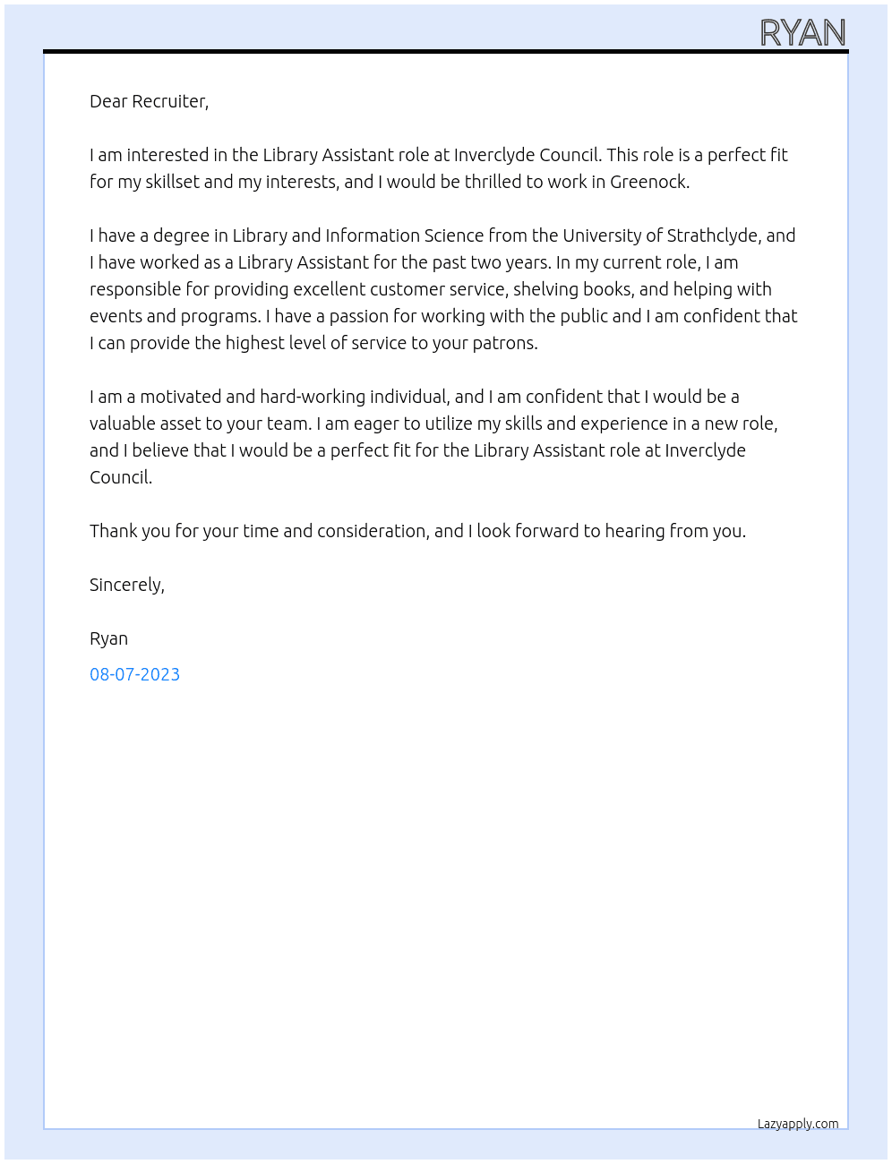 Library Assistant At Inverclyde Council Cover Letter