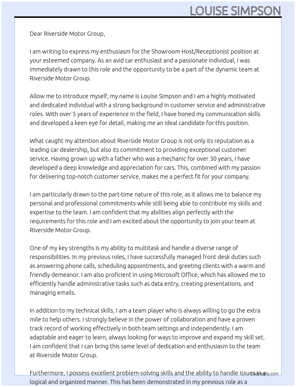 Showroom Host/Receptionist At Riverside Motor Group Cover Letter
