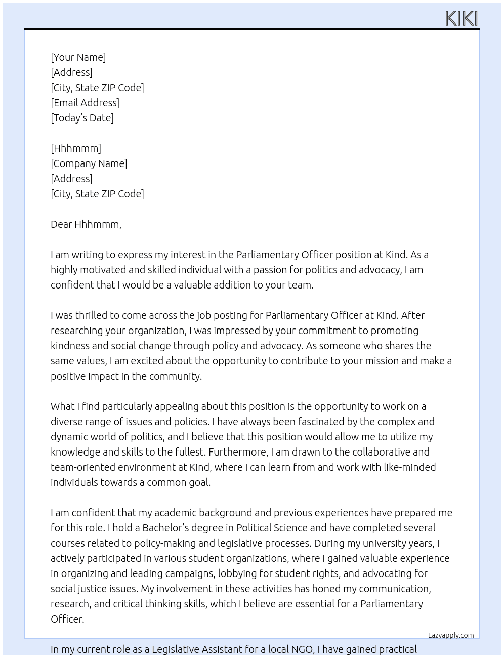 Parliamentary officer At Kind Cover Letter