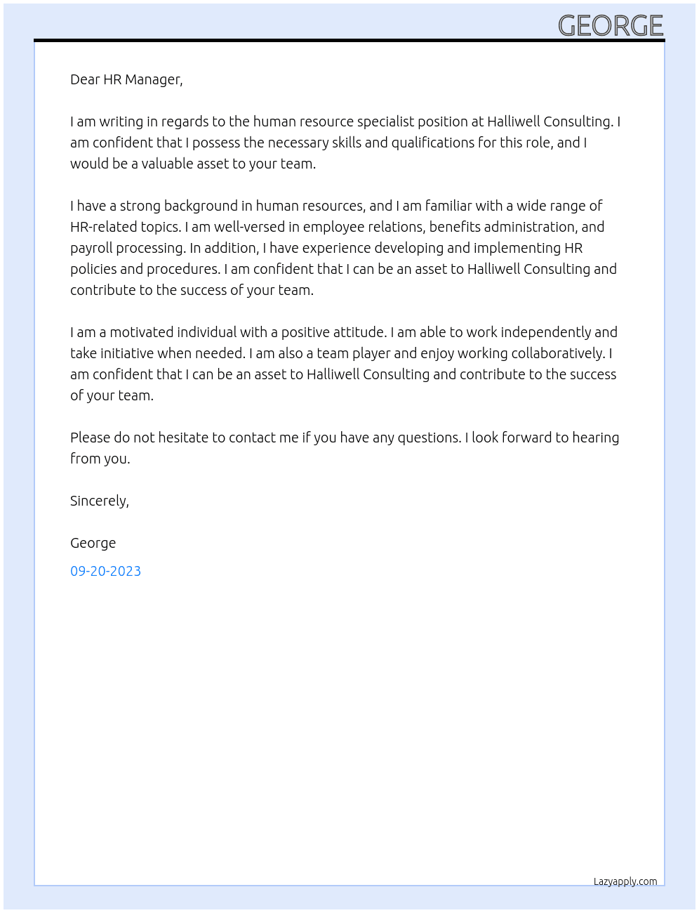human resource specialist At halliwell consulting Cover Letter