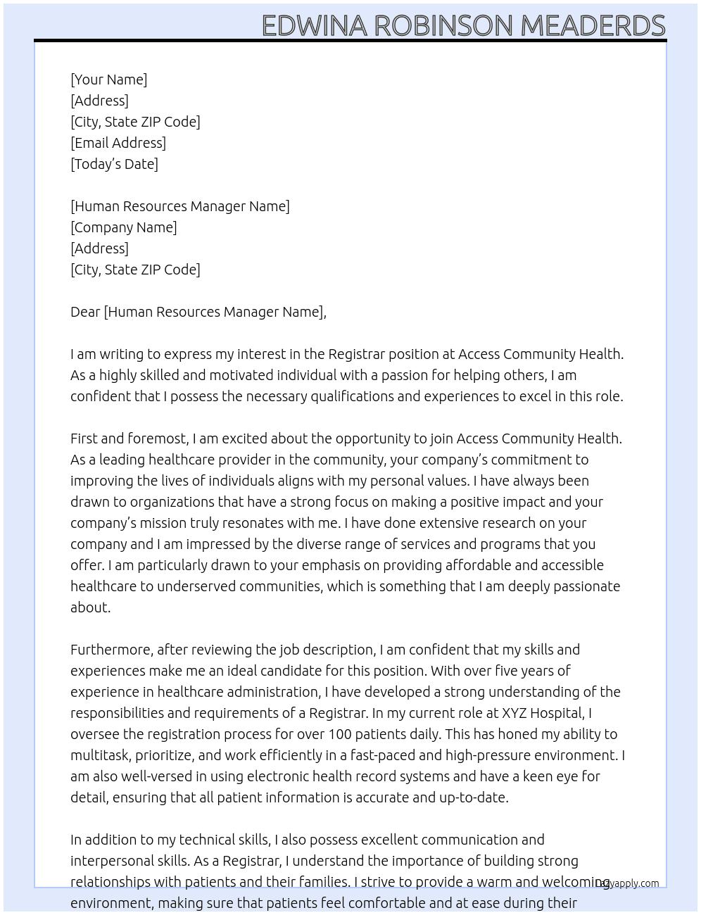 registrar At access community  health Cover Letter