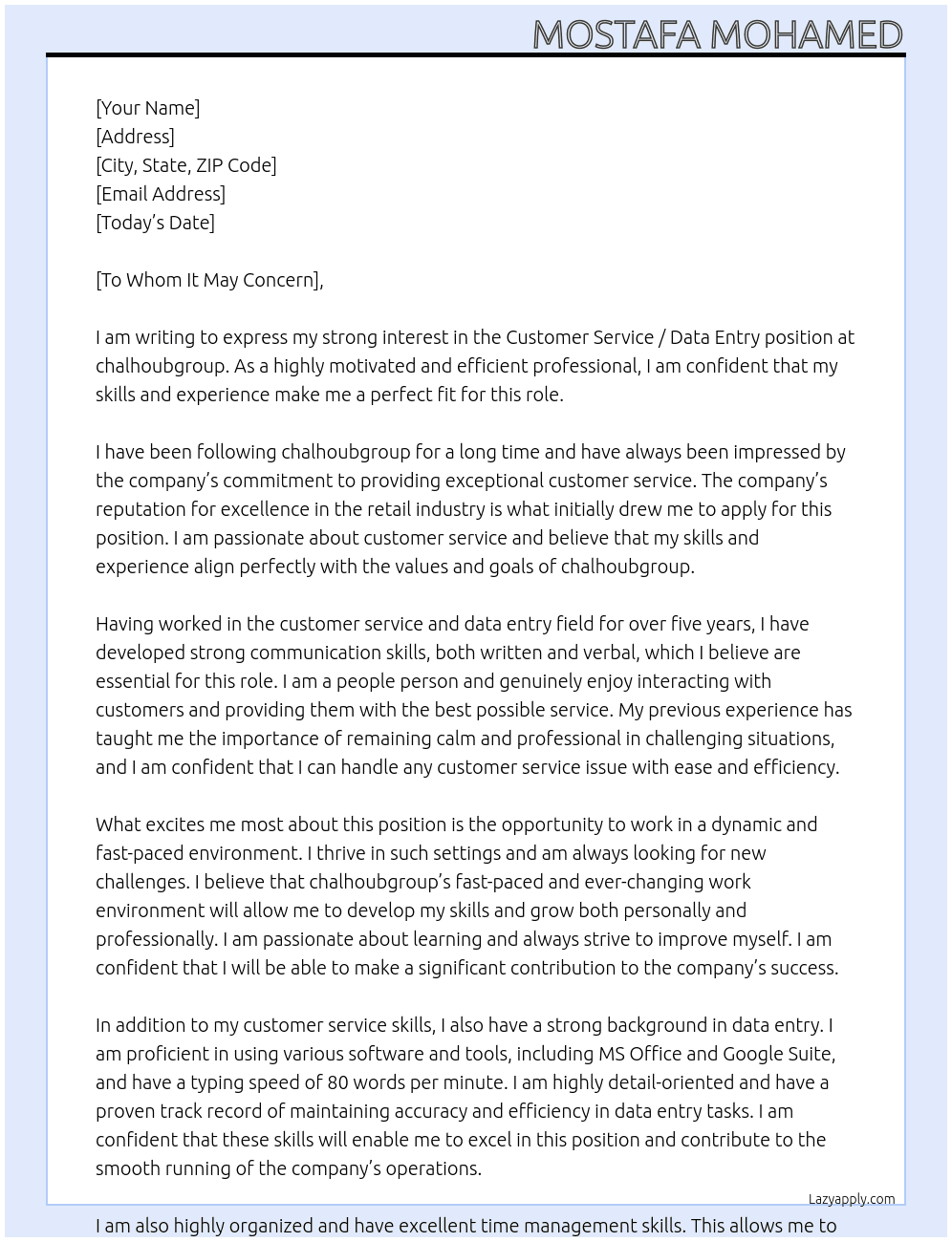 Customer Service / Data Entry At chalhoubgroup Cover Letter