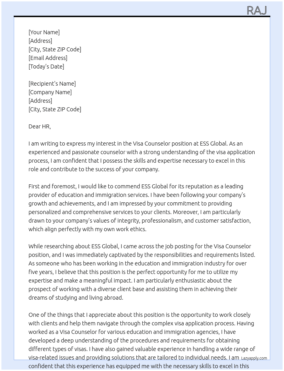 Visa Counselor  At ESS Global  Cover Letter