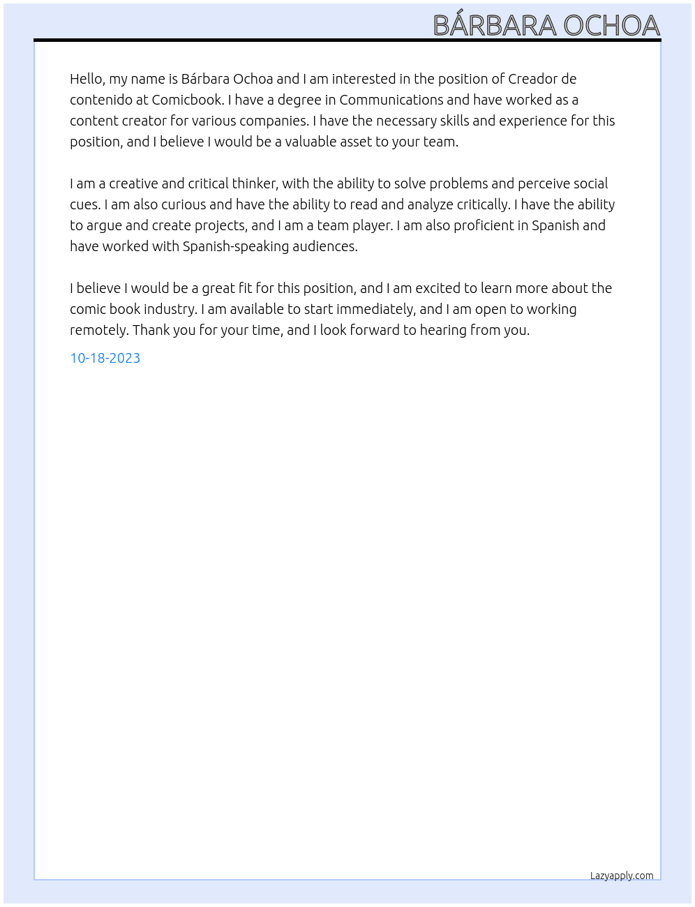 Creador de contenido. At Comicbook Cover Letter