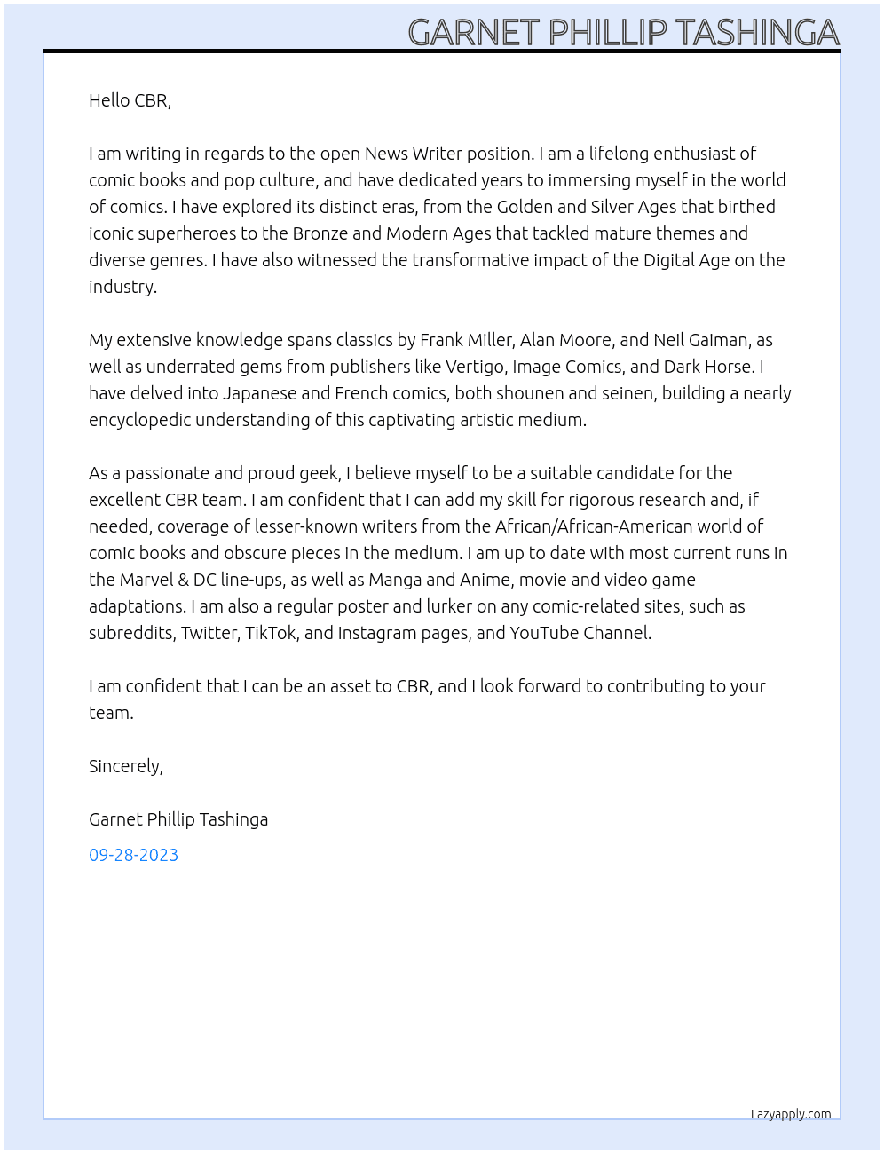 News Writer At CBR Cover Letter