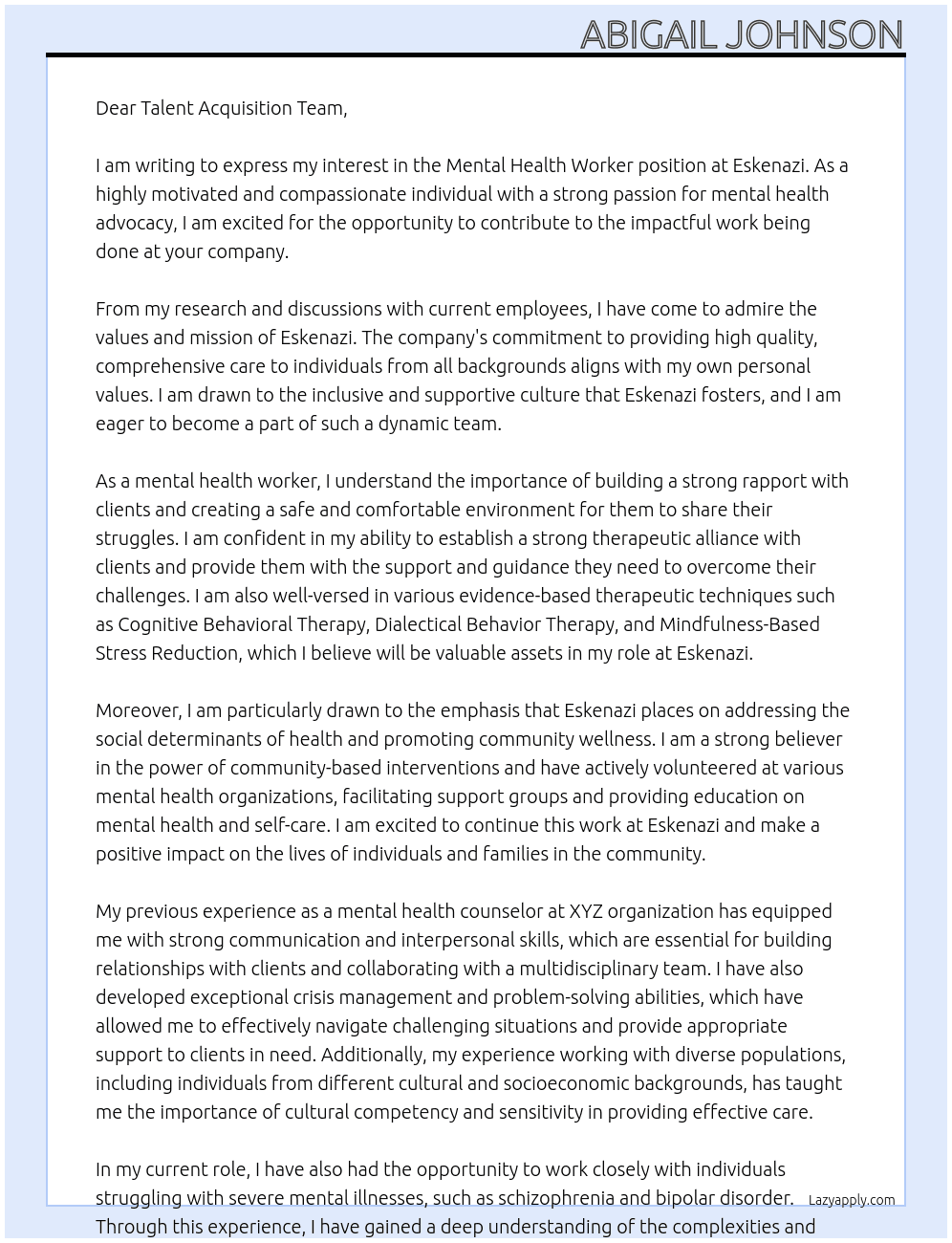 Mental Health Worker At Eskenazi Cover Letter