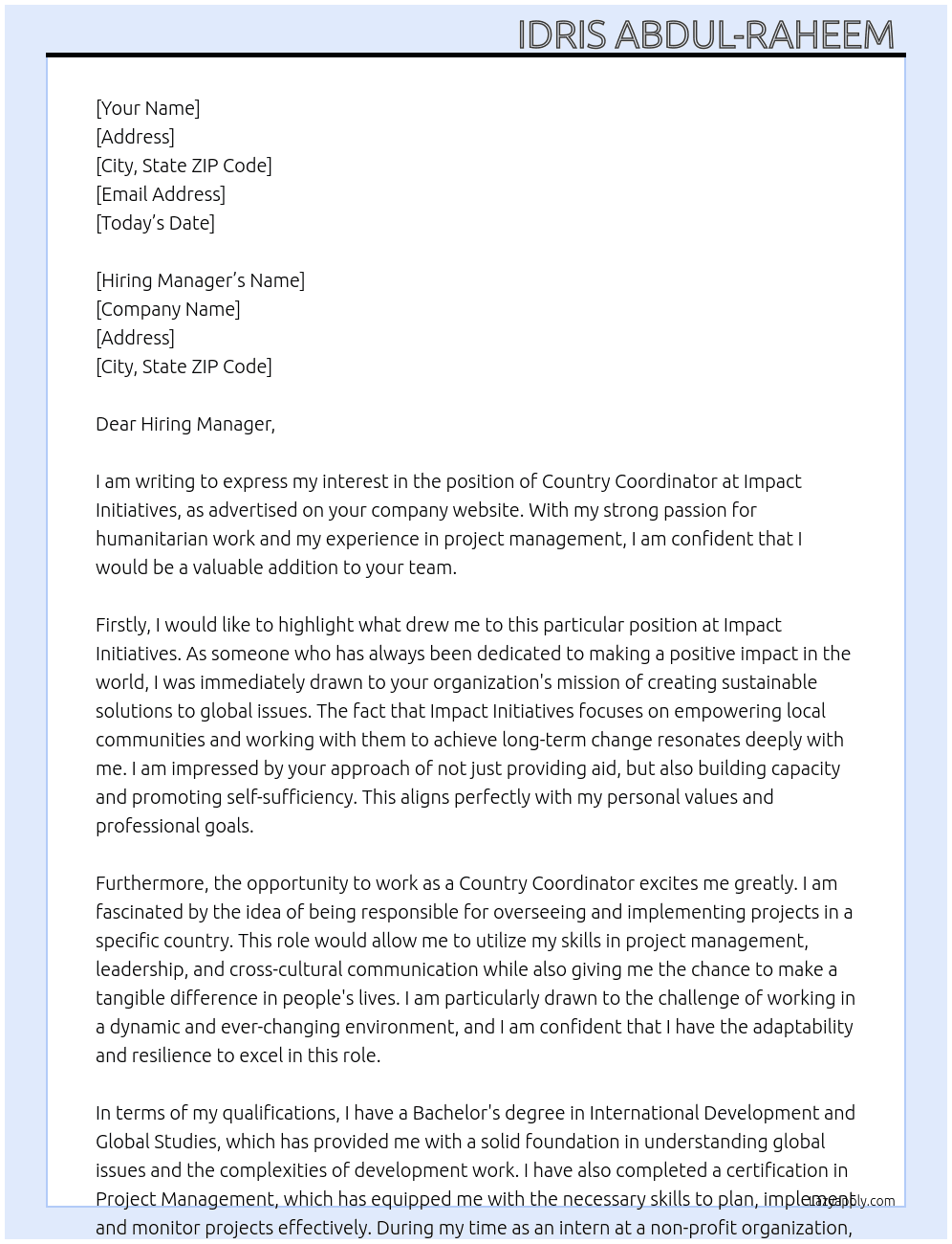 Country Coordinator  At Impact initiatives Cover Letter