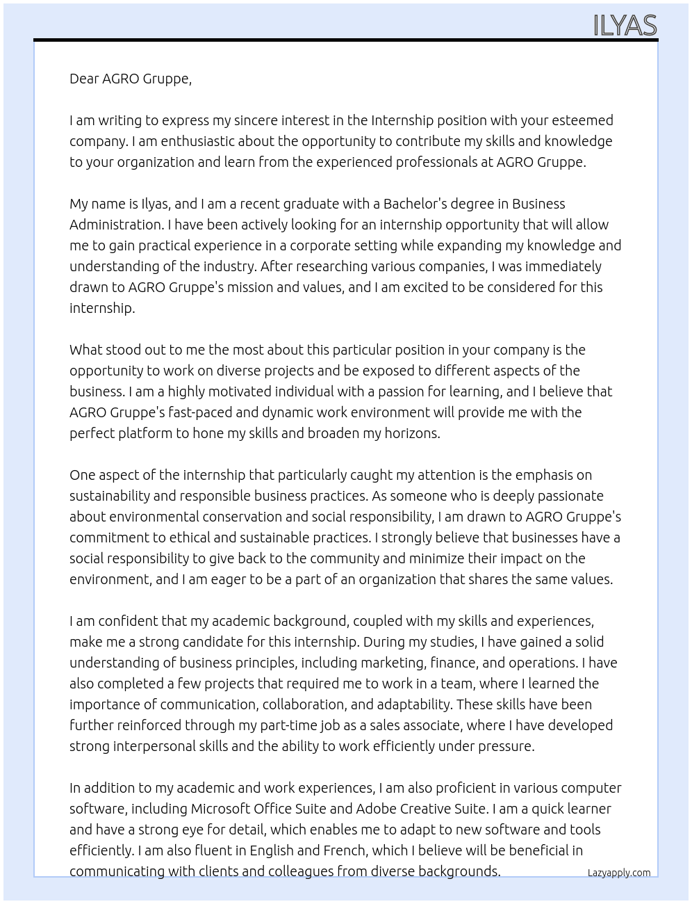 Internship  At AGRO Gruppe Cover Letter