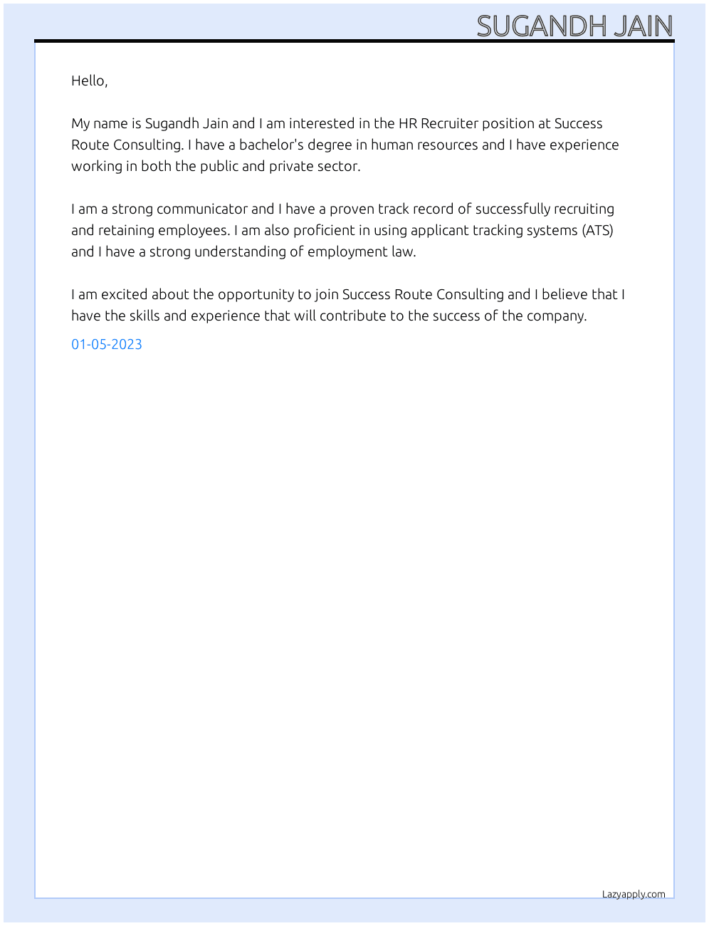 HR RECRUITOR At SUCCESS ROUTE CONSULTING Cover Letter