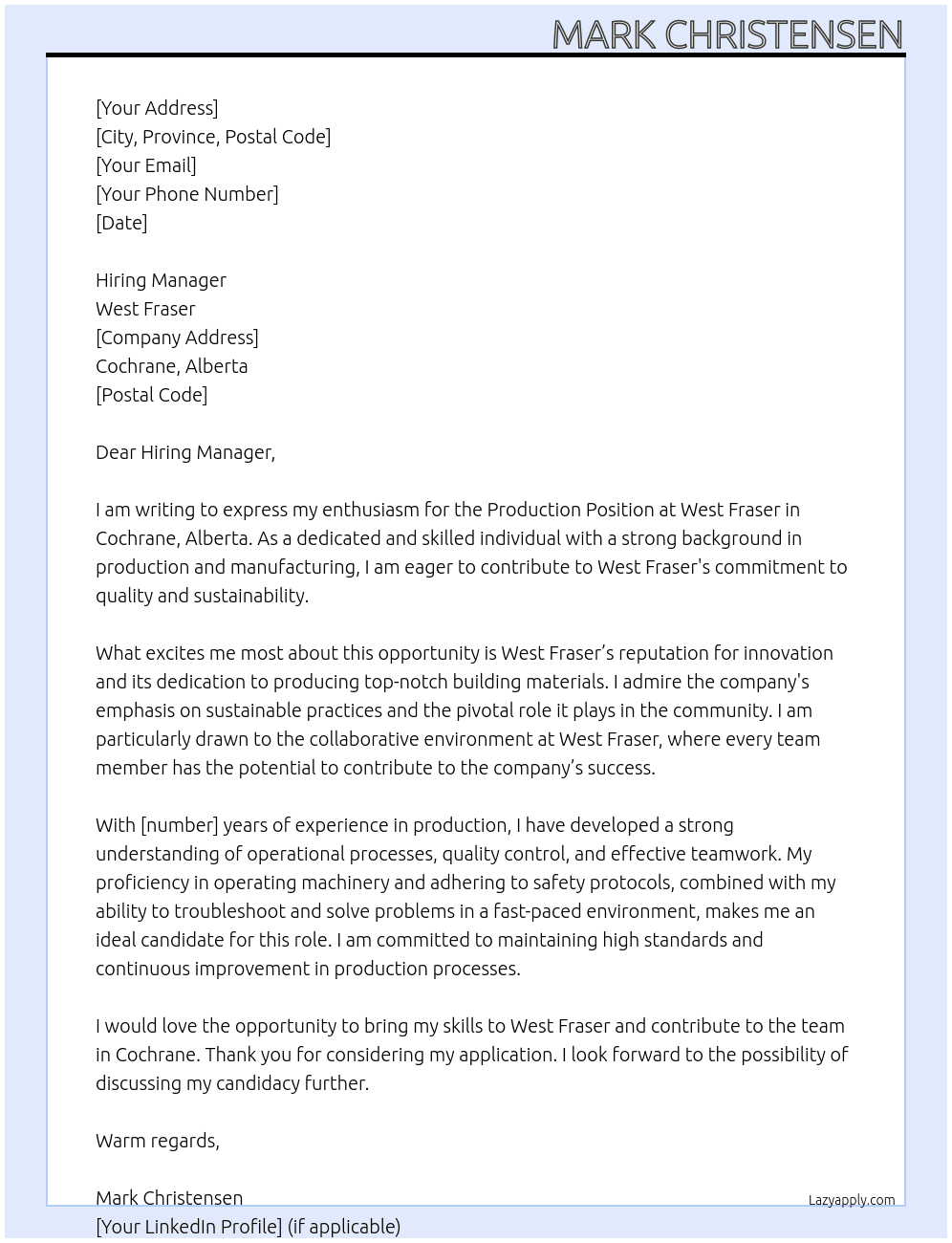 Production Position  At West Fraser  Cover Letter
