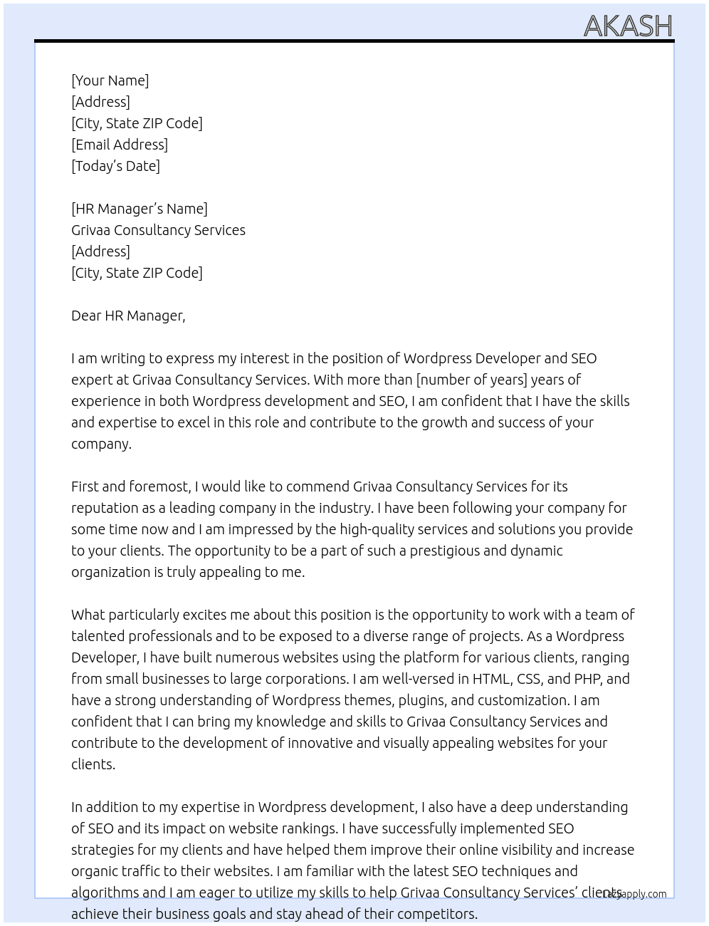 Wordpress Developer and SEO experts At Grivaa Consultancy Services Cover Letter