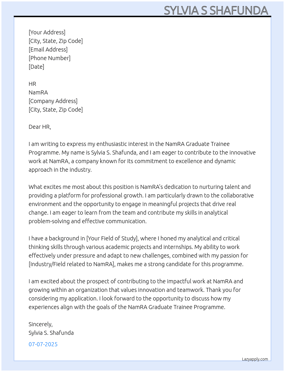 Cover letter for namra graduate trainnee programme - LazyApply