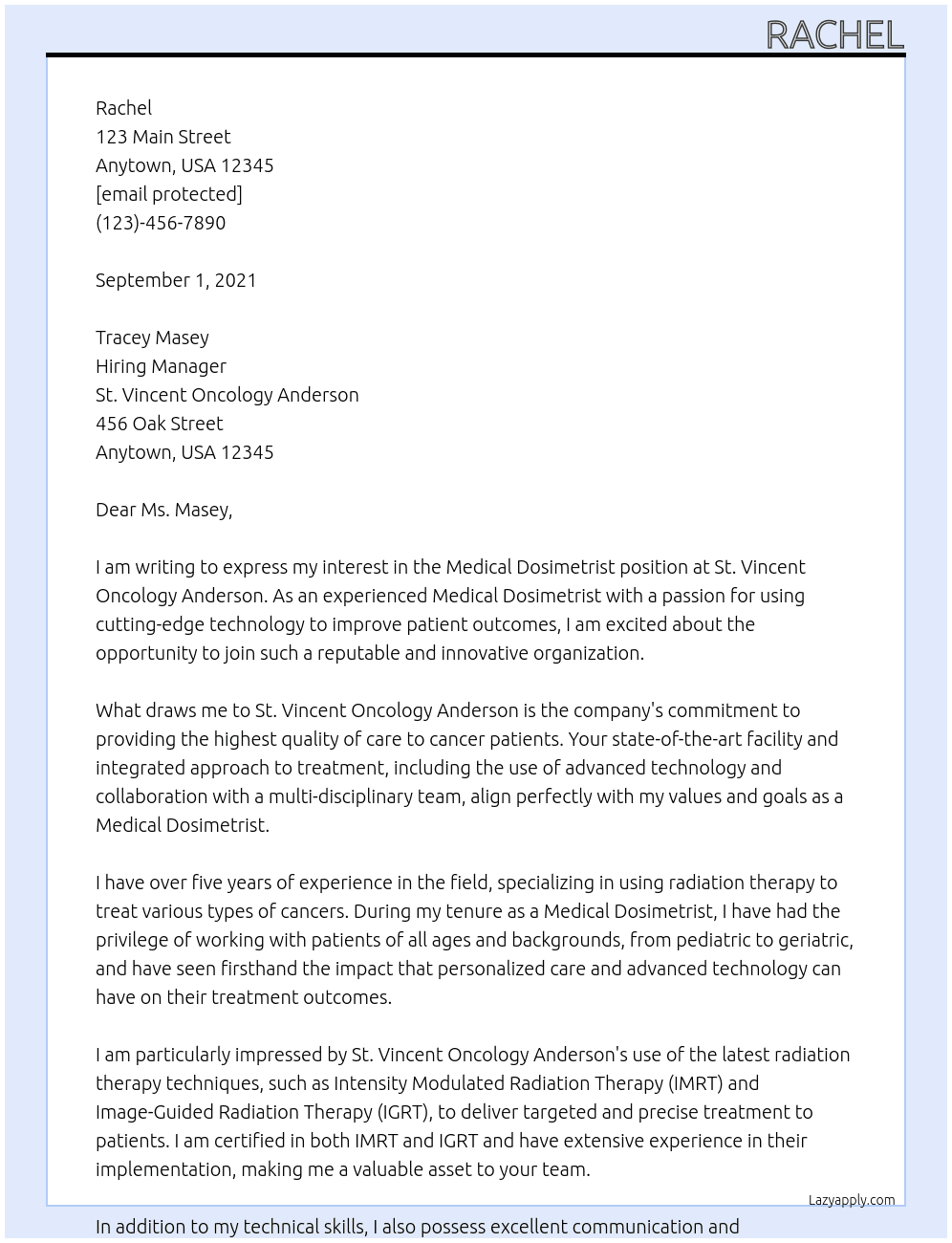 Medical Dosimetrist At St. Vincent Oncology Anderson Cover Letter
