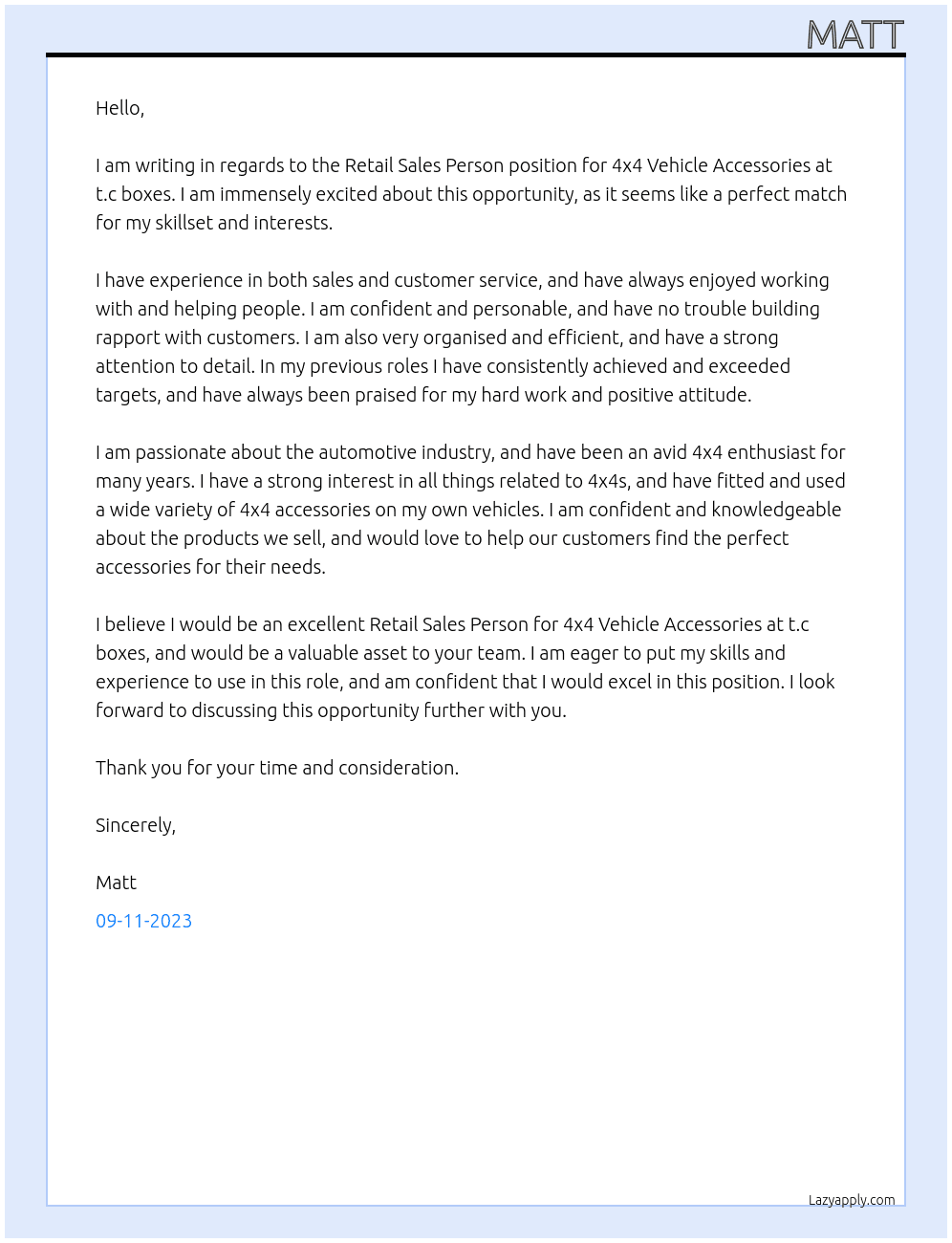 Retail Sales Person - 4x4 Vehicle Accessories At t.c boxes Cover Letter