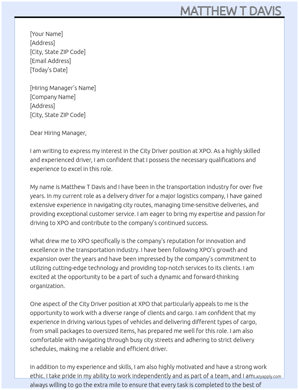 City driver  At XPO Cover Letter