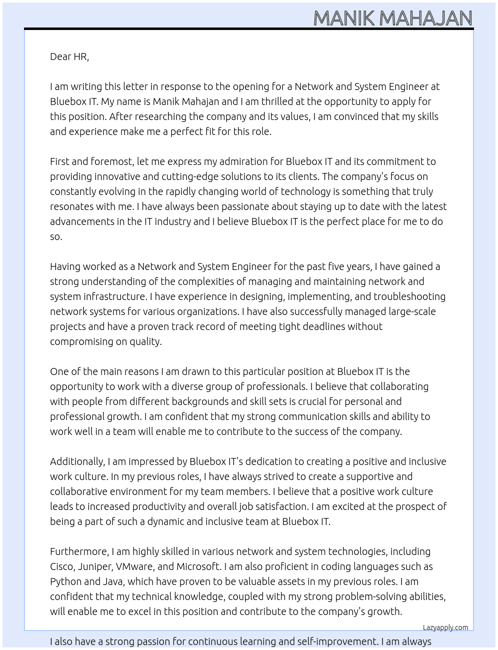 Network and system engineer At Bluebox it Cover Letter