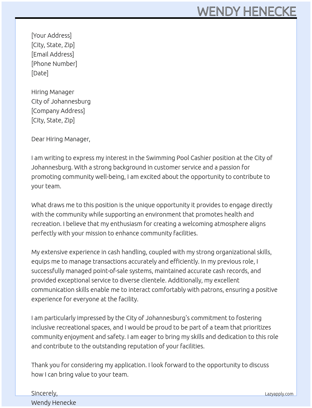 Swimming Pool Cashier At City of Johannesburg Cover Letter