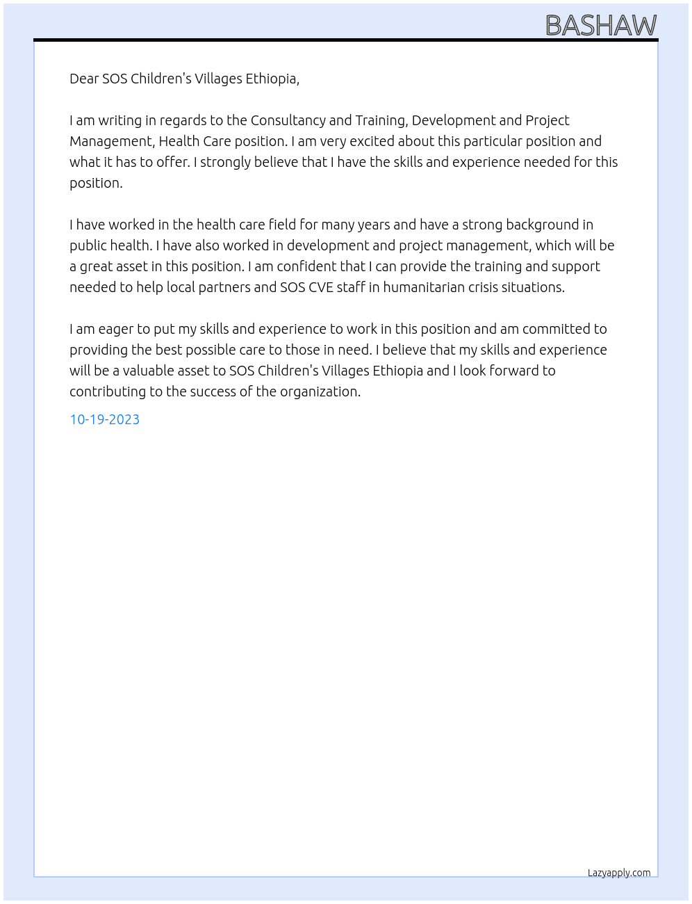 Consultancy and Training, Development and Project Management, Health Care At SOS Children's Villages Ethiopia Cover Letter