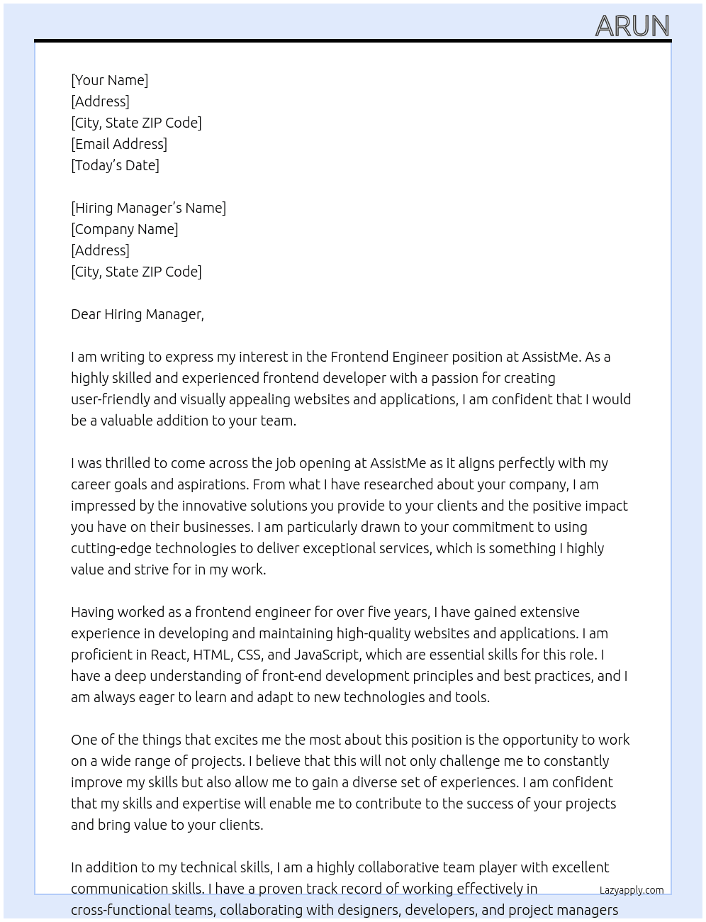 Frontend Engineer At AssistMe Cover Letter