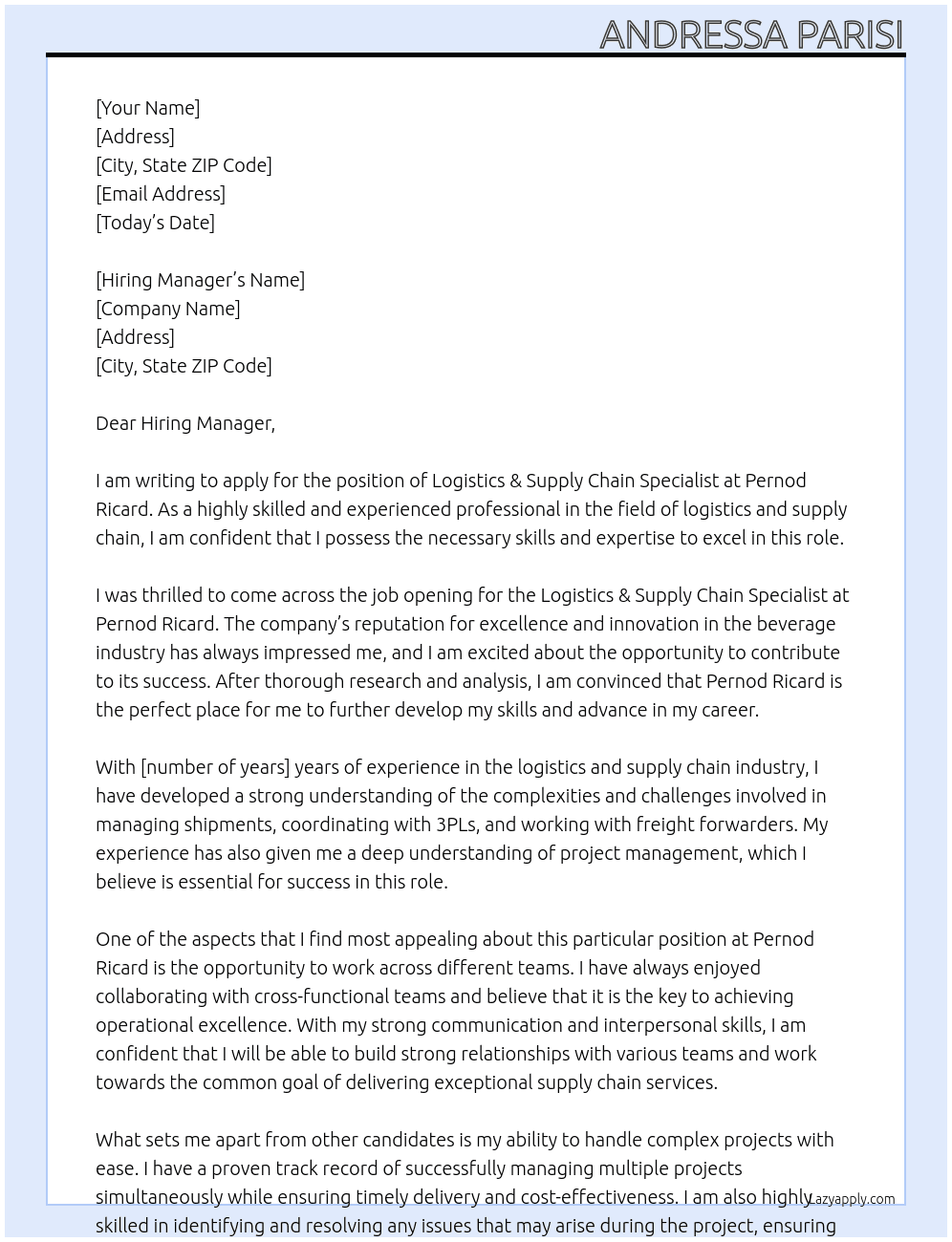 Logistics & Supply Chain Specialist At Pernod Ricard Cover Letter