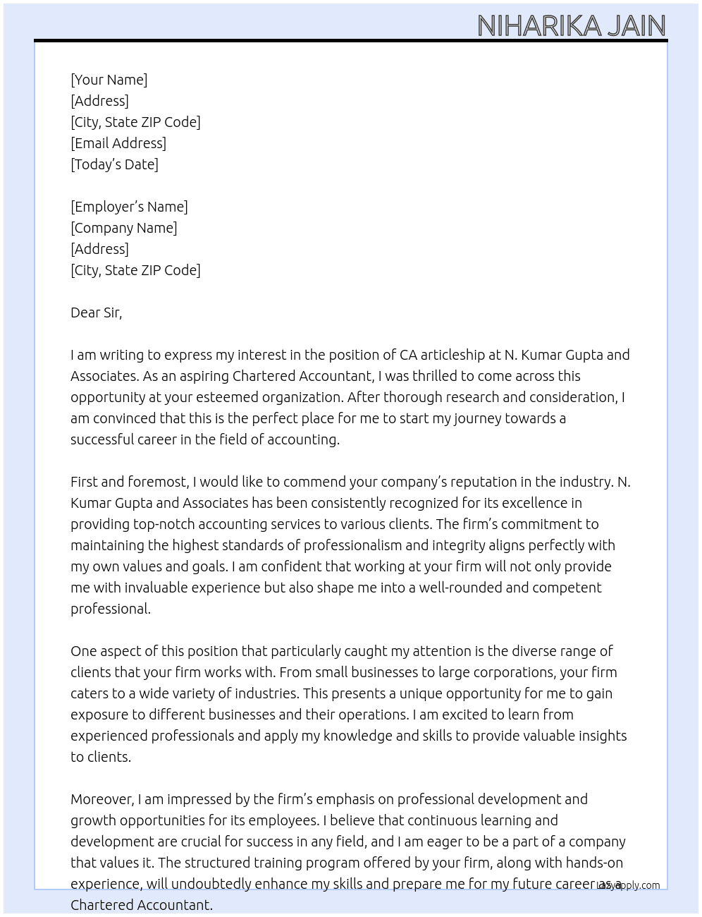 CA articleship  At N Kumar gupta and associates  Cover Letter