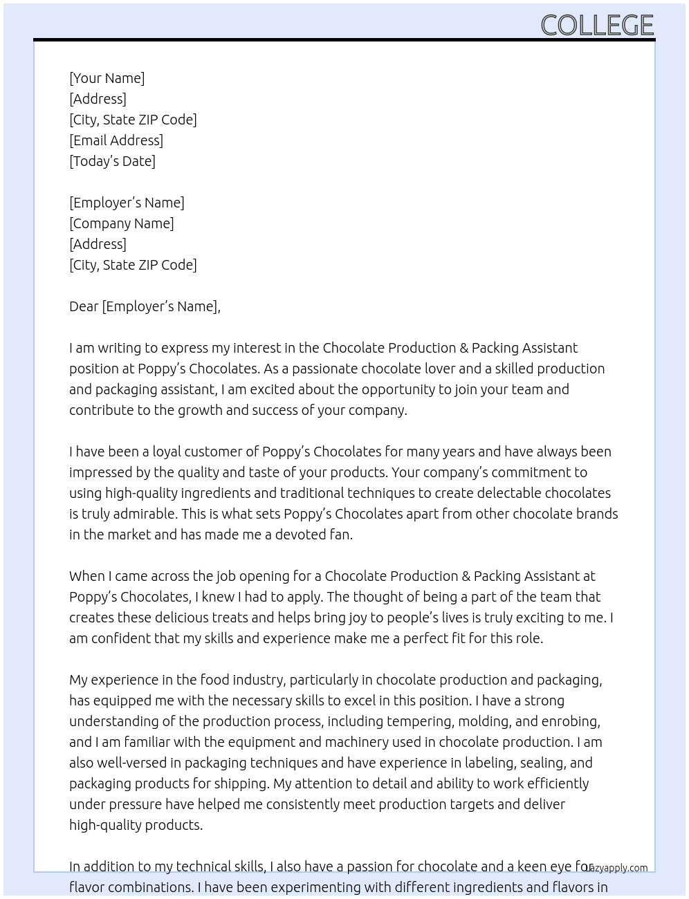 Chocolate Production & Packing Assistant At Poppy's Chocolates  Cover Letter