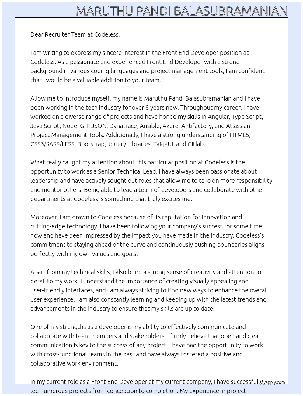 Front End Developer At Codeless Cover Letter